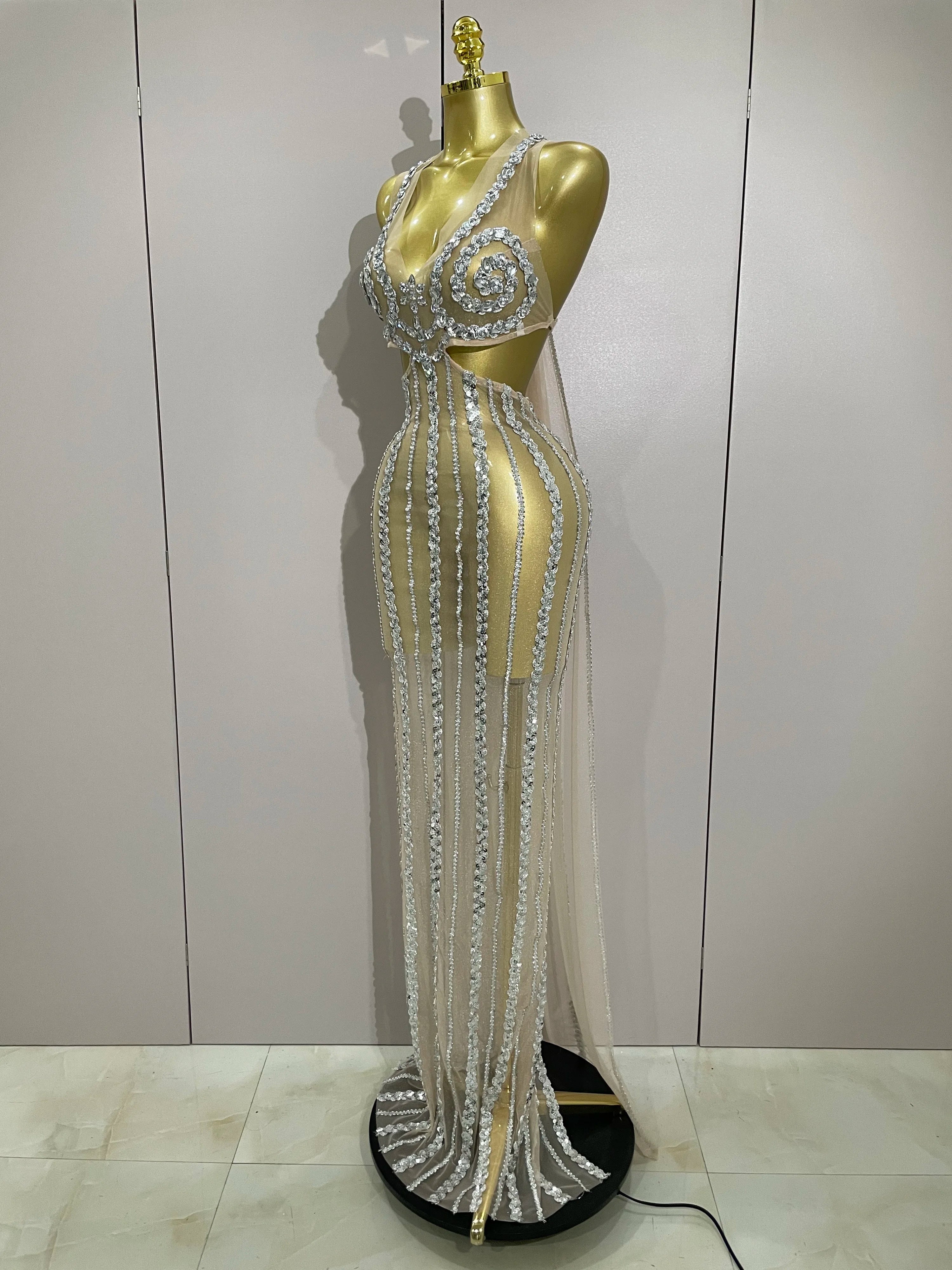 Luxury Sparkly Diamonds Sequins Sexy Mesh See Through Long Dress  Women Celebrate Birthday party Dresses Festival Costume