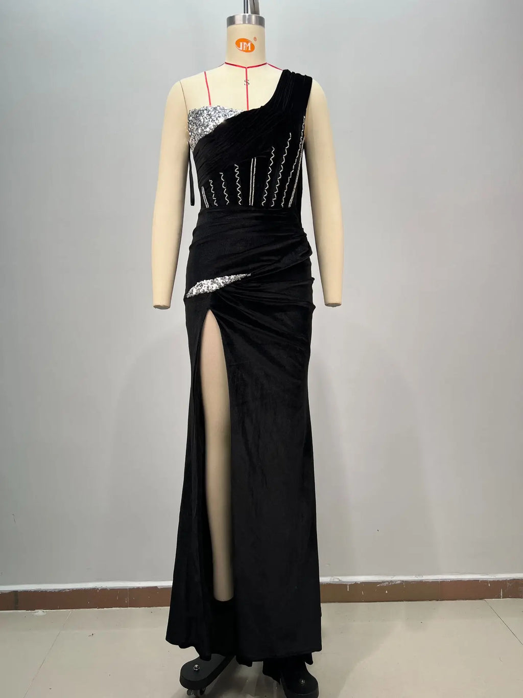 Luxury Diammonds High Slit One Shoulder Long Ribbon Velvet Strapless Floor Length Dress Celebrity Party Dress Birthday Vestido
