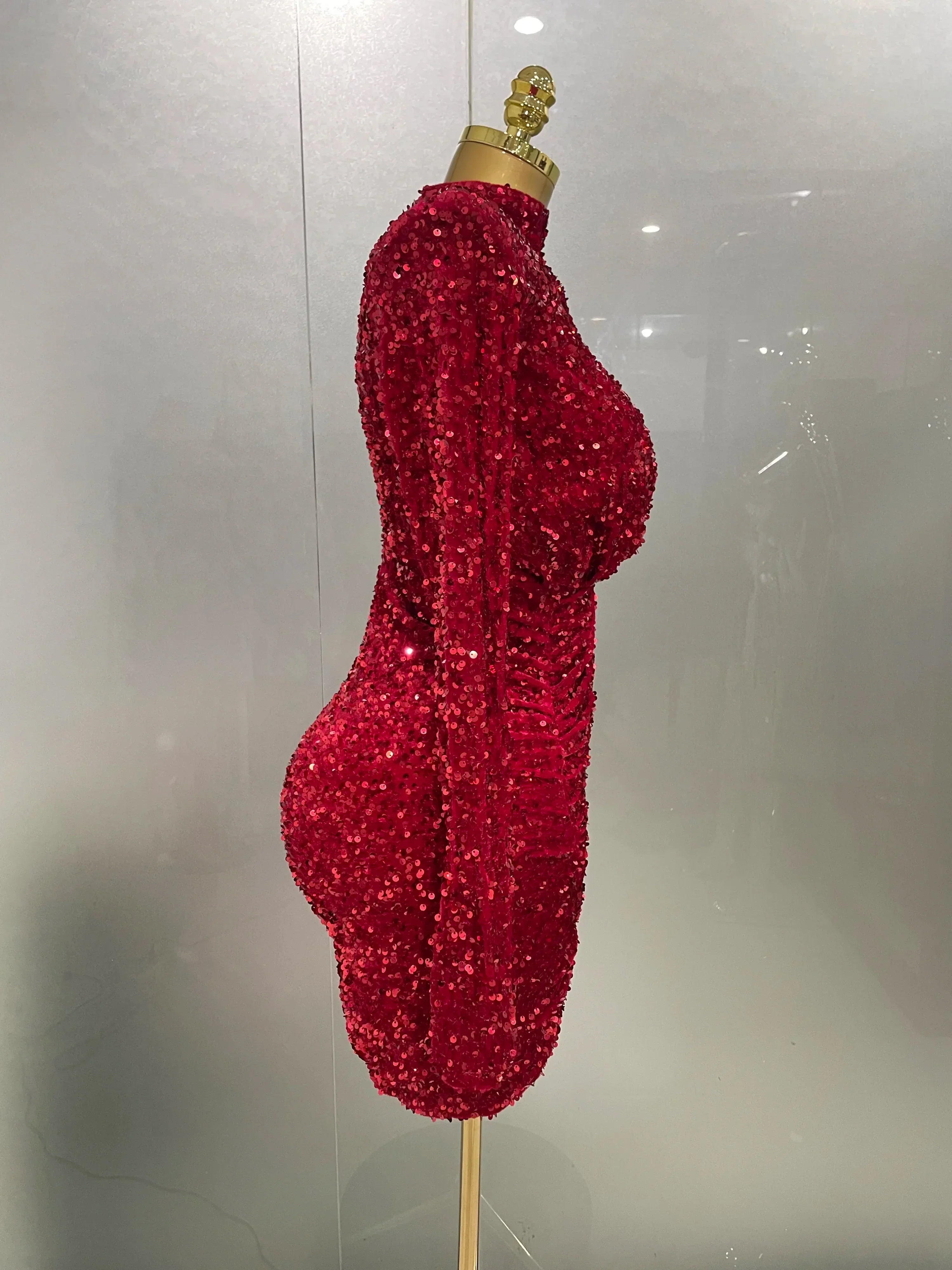 Sexy Sparkly Red Sequins Long Sleeve Short Dress  Women Evening Celebrate Birthday Party Club Performance Stage Costume