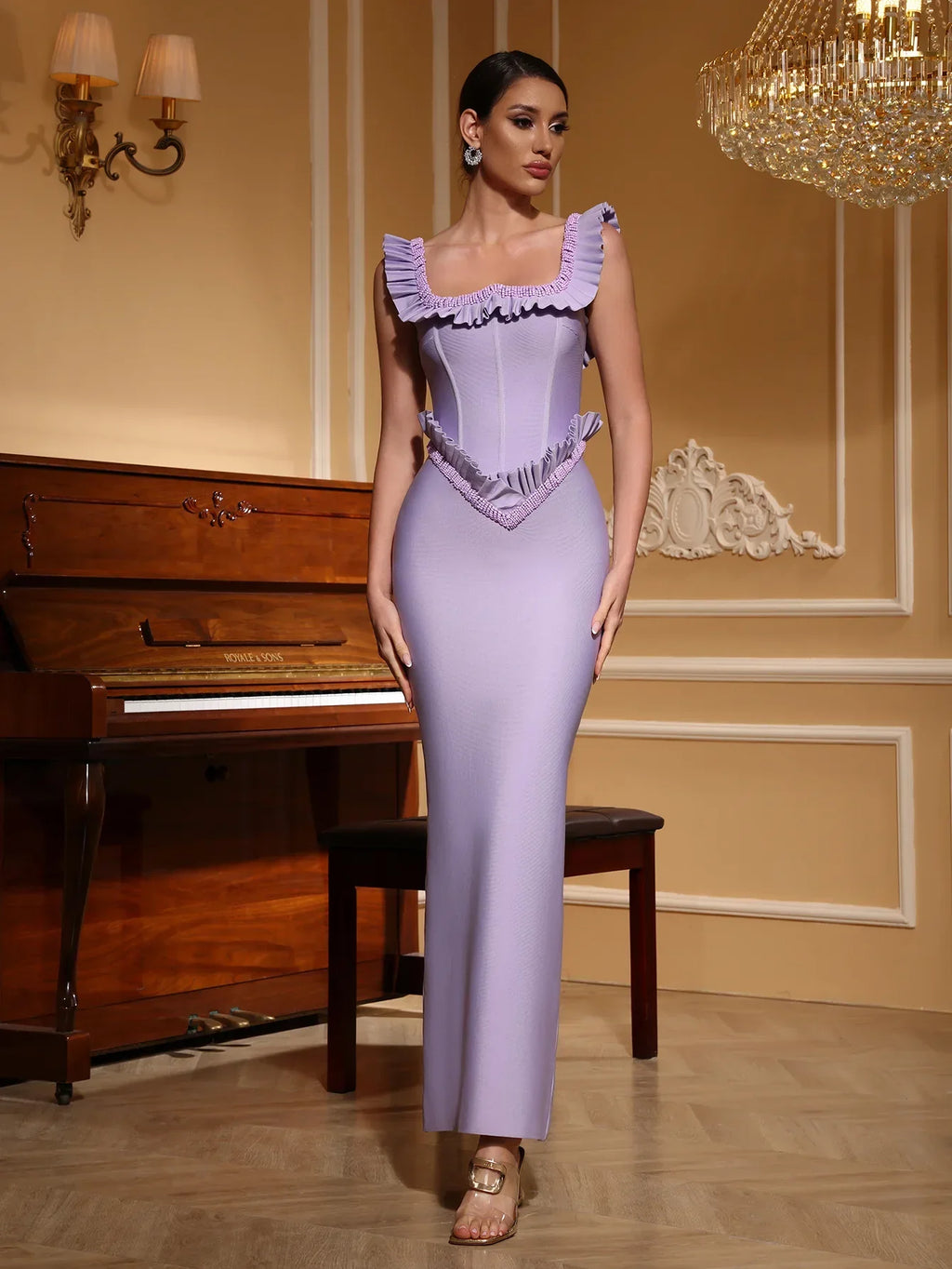 Purple Color Women Sleeveless Sexy Square Collar Ruffles Bodycon Long Bandage Dress Elegant Evening Party Cocktail Outfit Lavender
