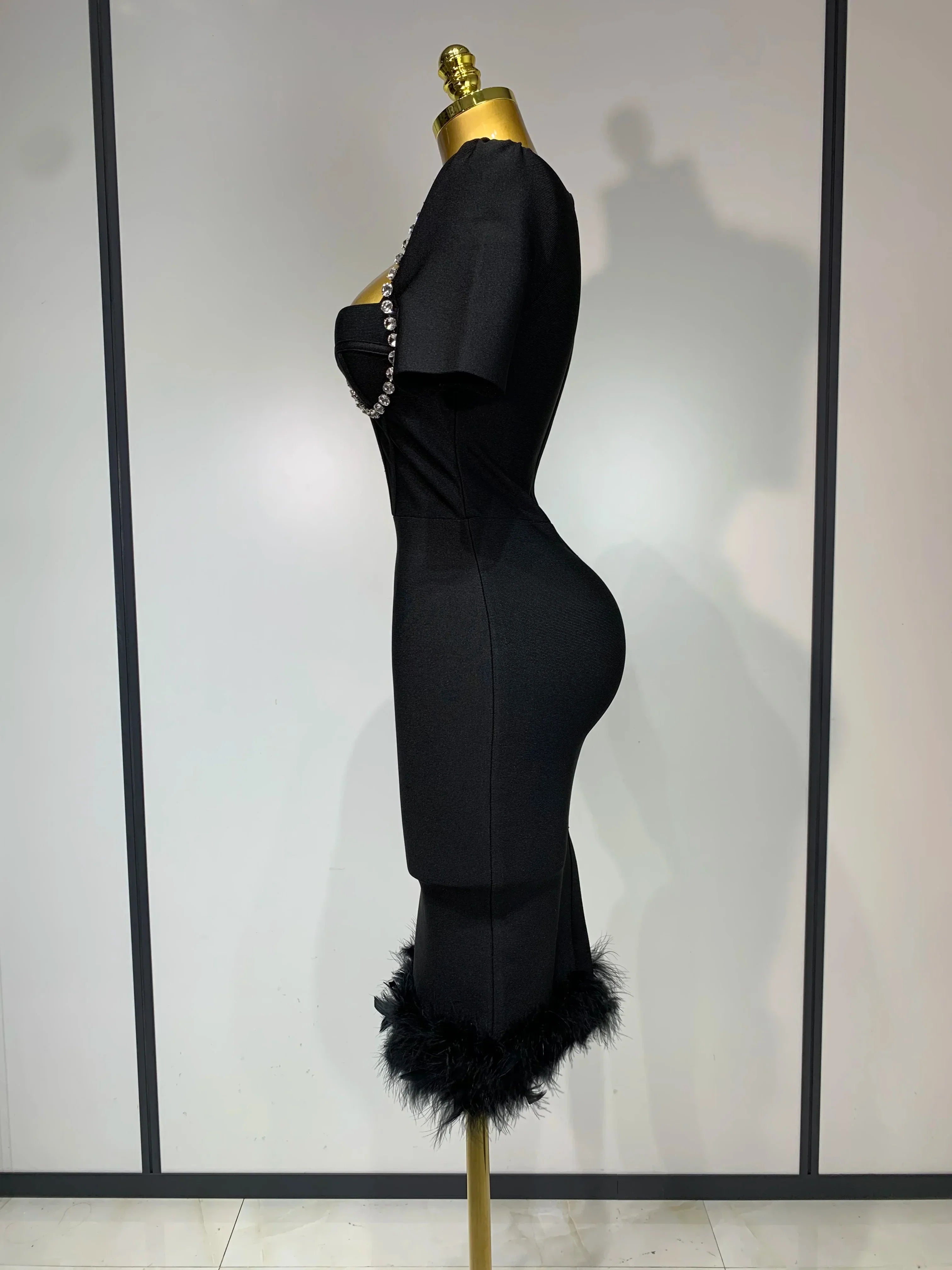 Women Sexy Luxury Rhinestone Short Sleeve Bodycon Dress  Party Evening Celebrate Birthday Black Bandage Club Prom Gown