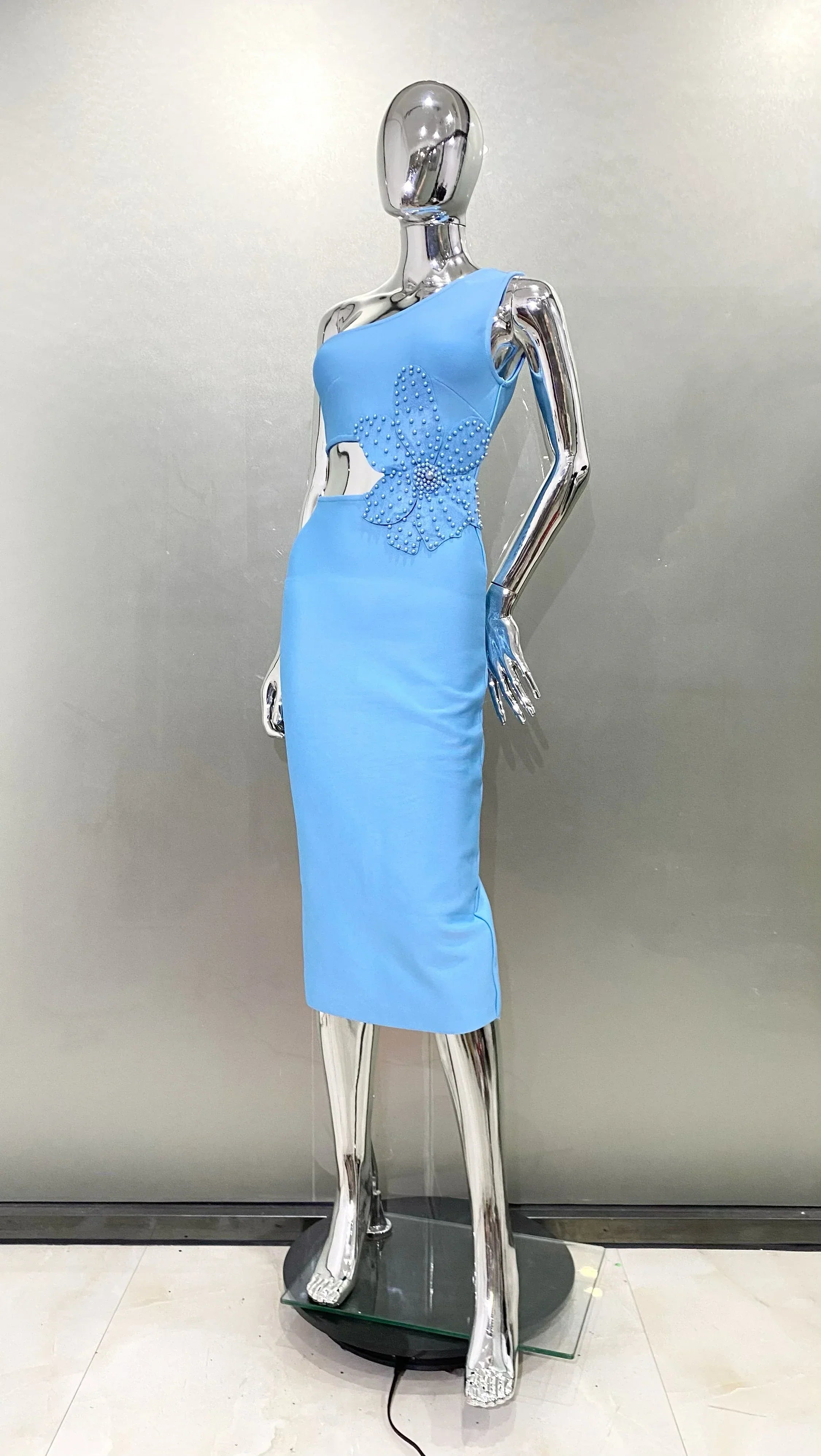 Blue Color Beading Flower Sexy One Shoulder Expose waist Mid Calf Bandage Dress Elegant Woman Evening Dress Cocktai Party Outfit