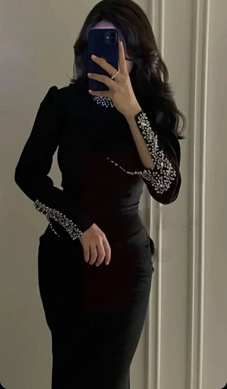 Red Black Color Women Long Sleeve Shinning Crystal Bodycon Long Bandage Dress Elegant Celebrate Evening Party Cocktail Dress