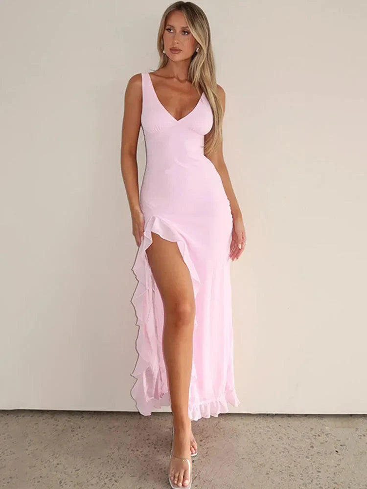 Ruffle High Split Evening Midi Dress