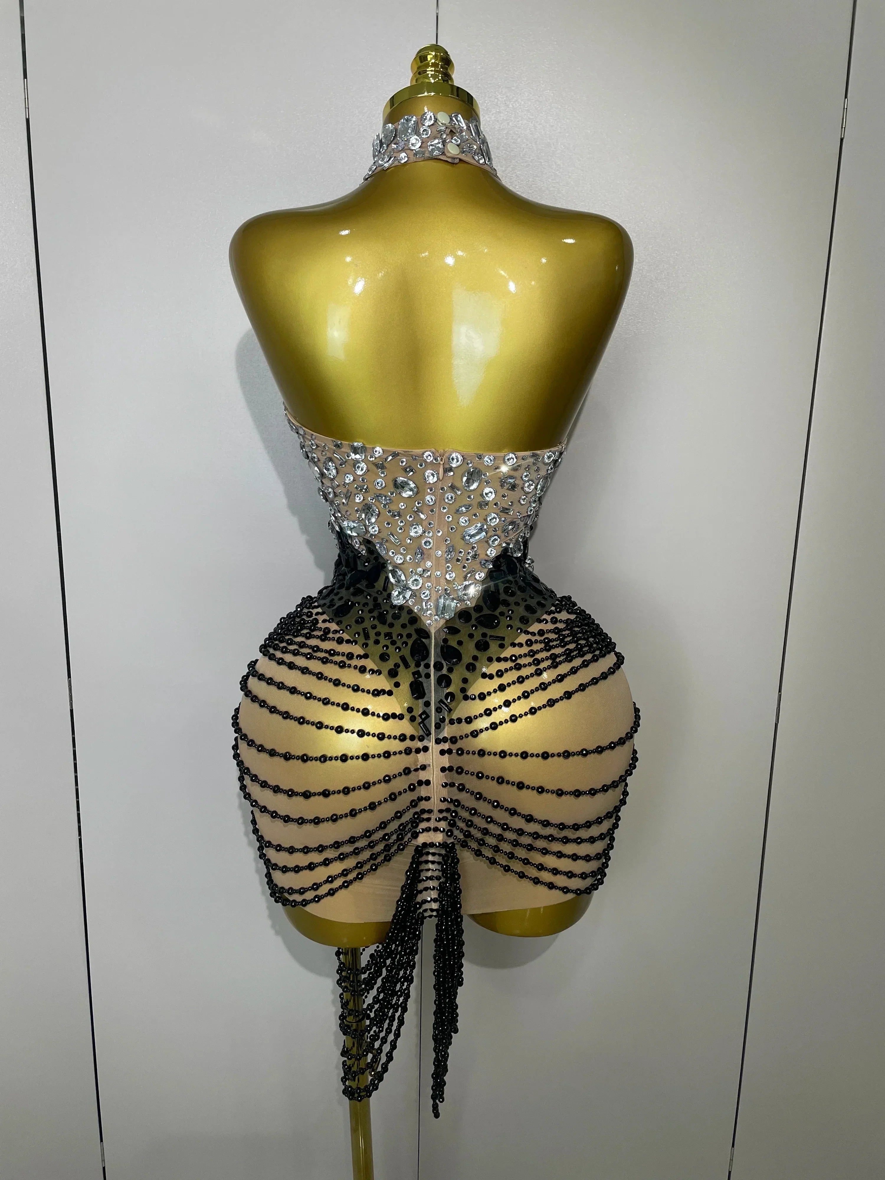 Sparkly Crystals Beading Short Dress  Women Sexy Mesh Backless Evening Prom Celebrate Birthday Dress Photo Shoot Wear