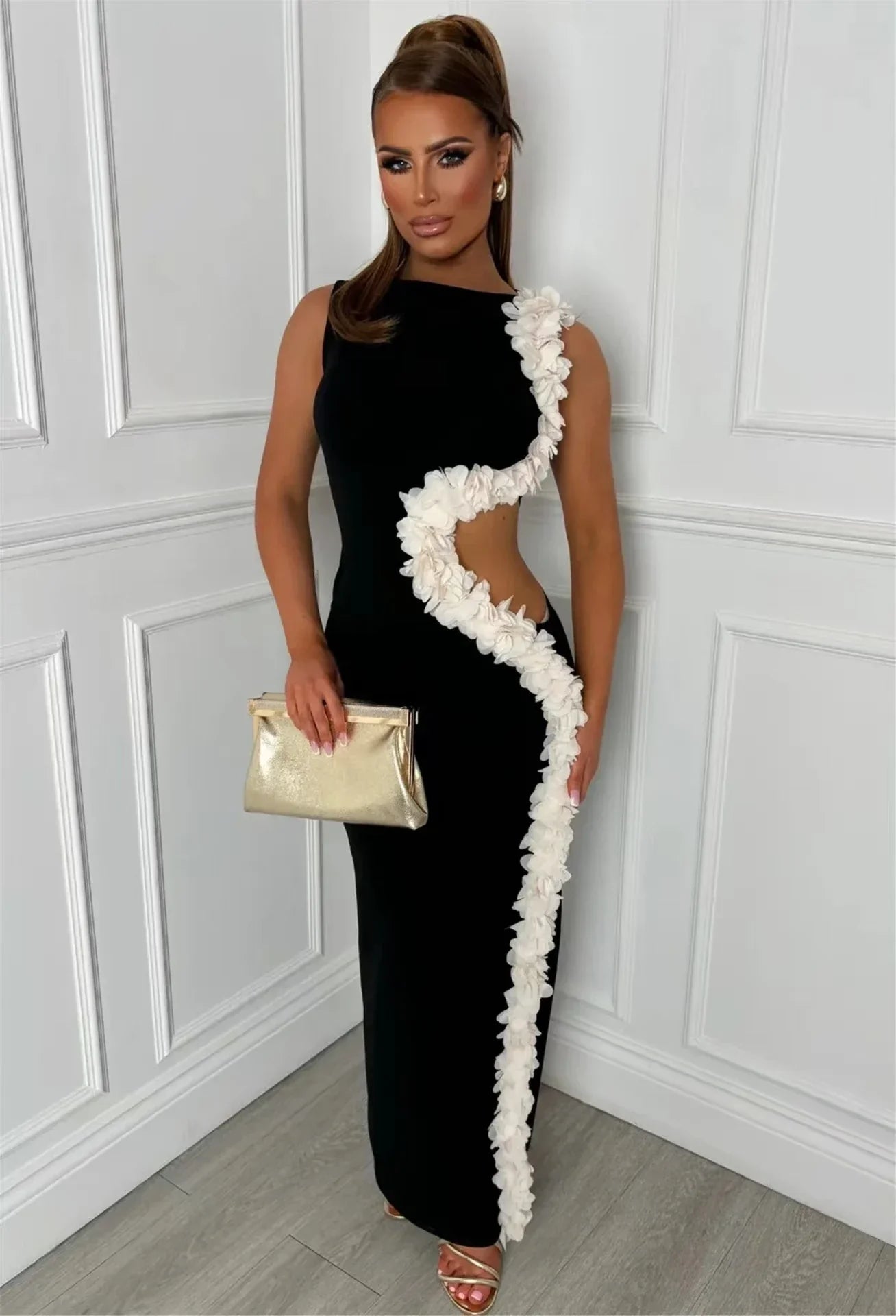 New Women Sleeveless Sexy Side Hollow Out Florals Bodycon Long Bandage Dress Celebrate Fashion Evening Party Cocktail Wear