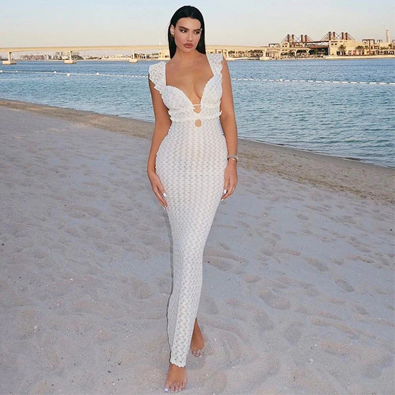 Lace Up Hollow Slim Vneck Maxi Dress