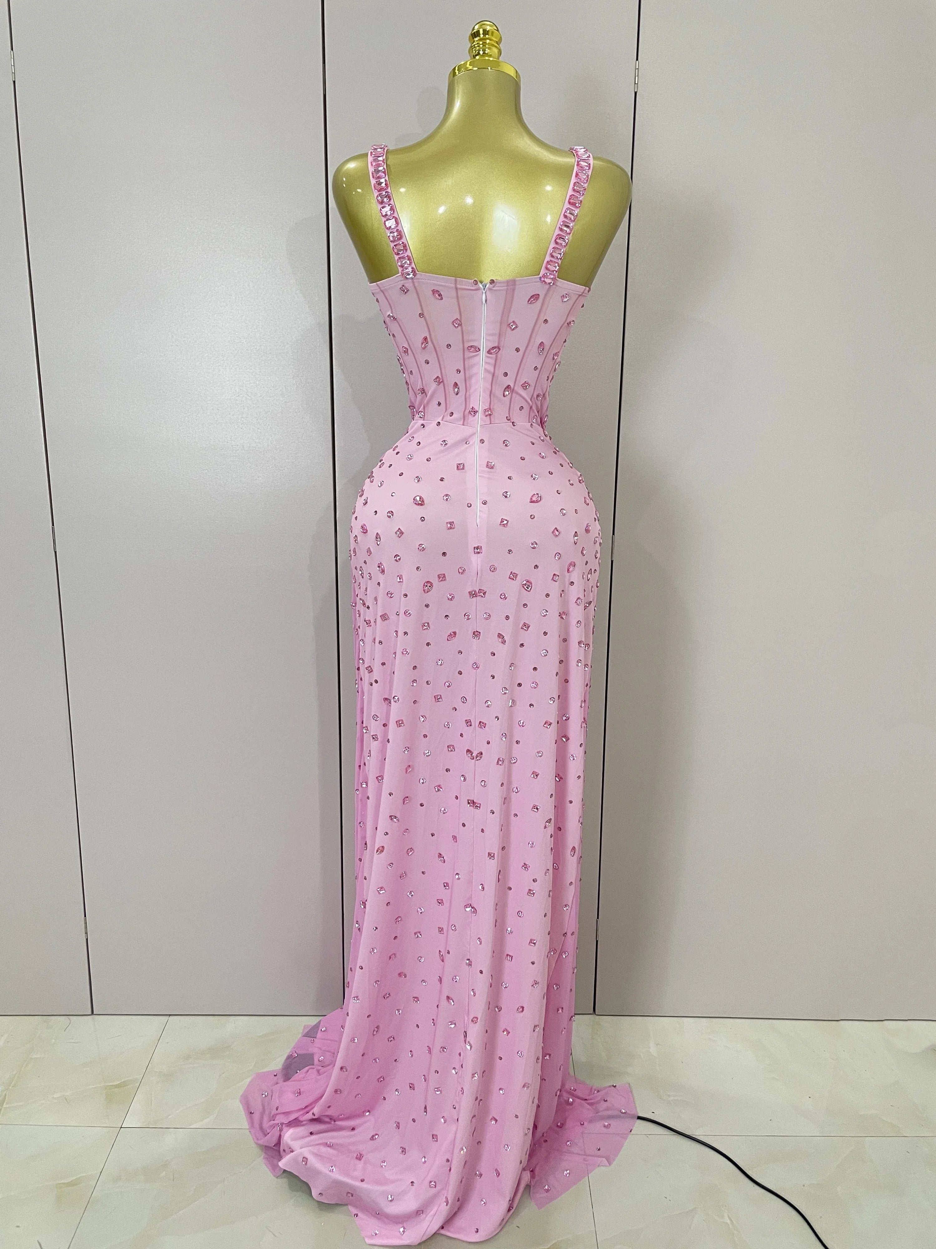 Luxury Pink Rhinestones Split Floor Length Dress  Women Sexy Evening Celebrate Birthday Party Dress Photoshoot Stage Wear