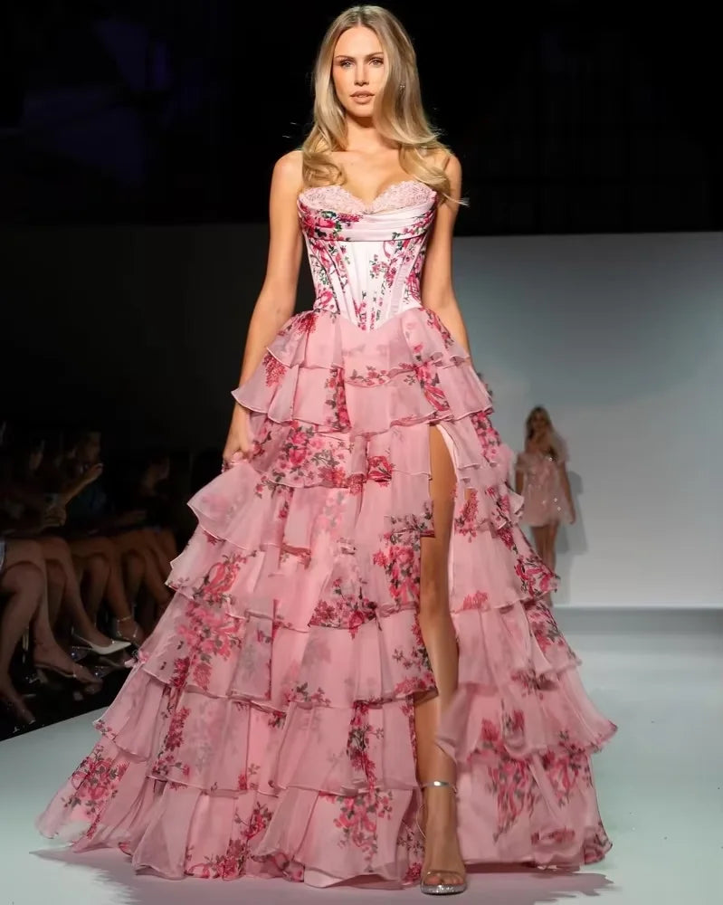 Customized Strapless Print Tiered Ruffle A-Line Evening Dress Wedding Party Dress Sexy Sweetheart Backless Side Slit Prom Dress