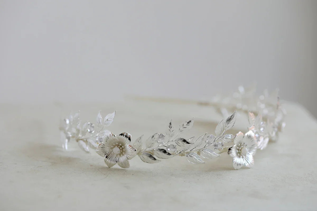 Bridal Hair Jewelry Flower Leaf Headband Hairband Silver Color Headpiece For Brides Women Headdress Headwear Wedding Accessories