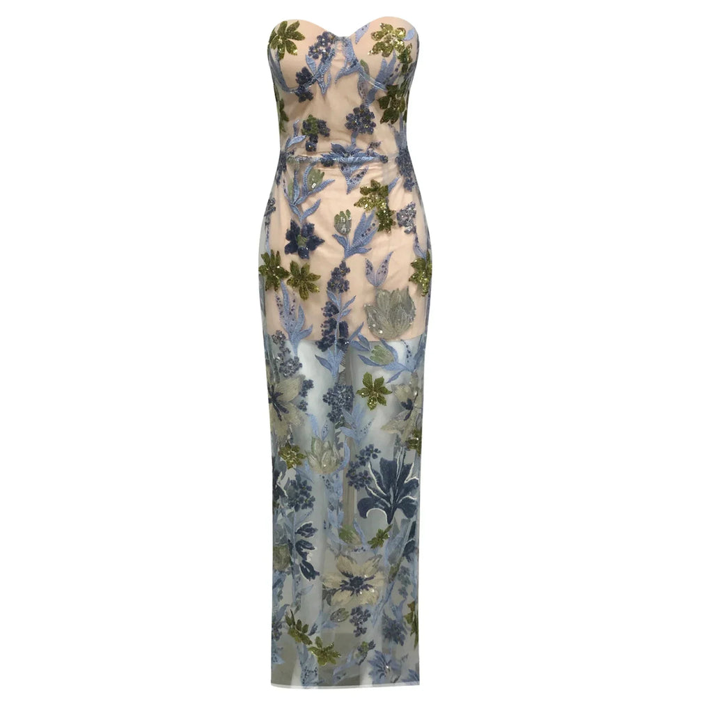 Sequin Flower Embroidery Sexy Mesh See Through Strapless Ankle Length Dress Woman Evening Party Dress Celebrity Cocktail Vestido