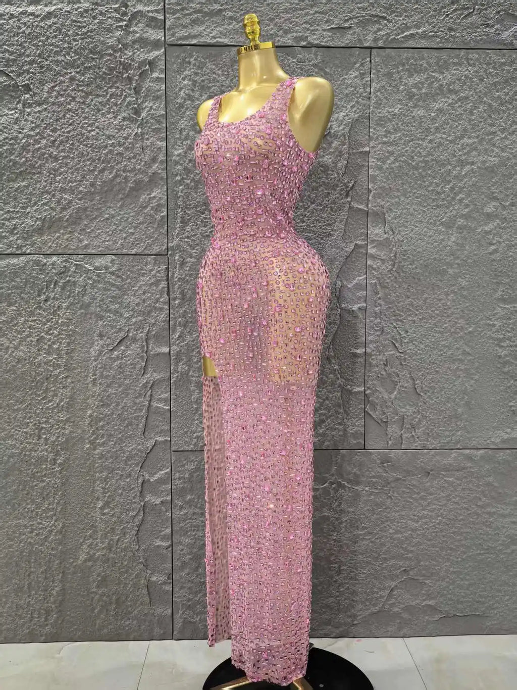 Women Sleeveless Sexy O-Neck Mesh See Through Full Crystal Bodycon Long Dress Birthday Party Stage Wear