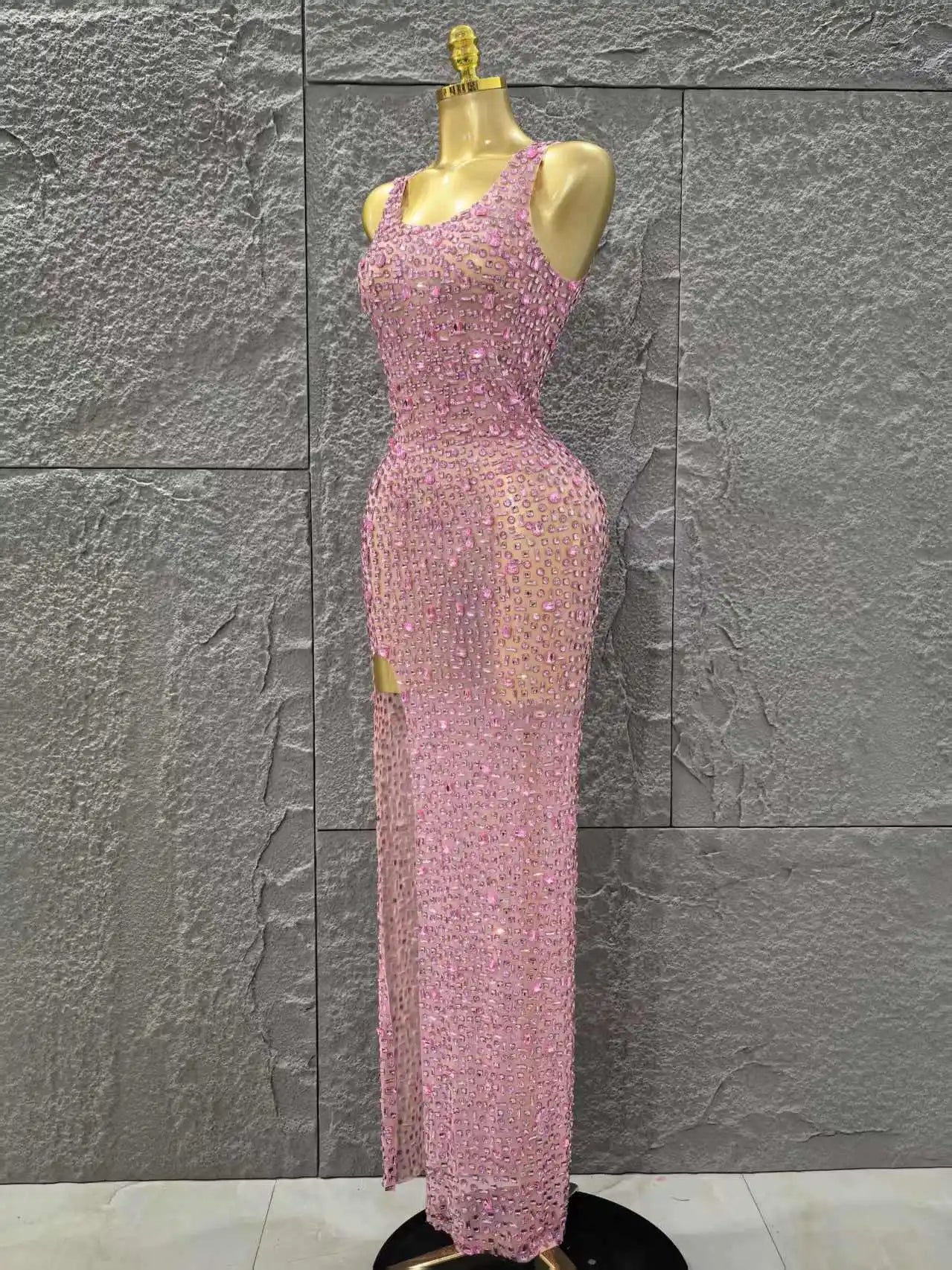 Women Sleeveless Sexy O-Neck Mesh See Through Full Crystal Bodycon Long Dress Birthday Party Stage Wear