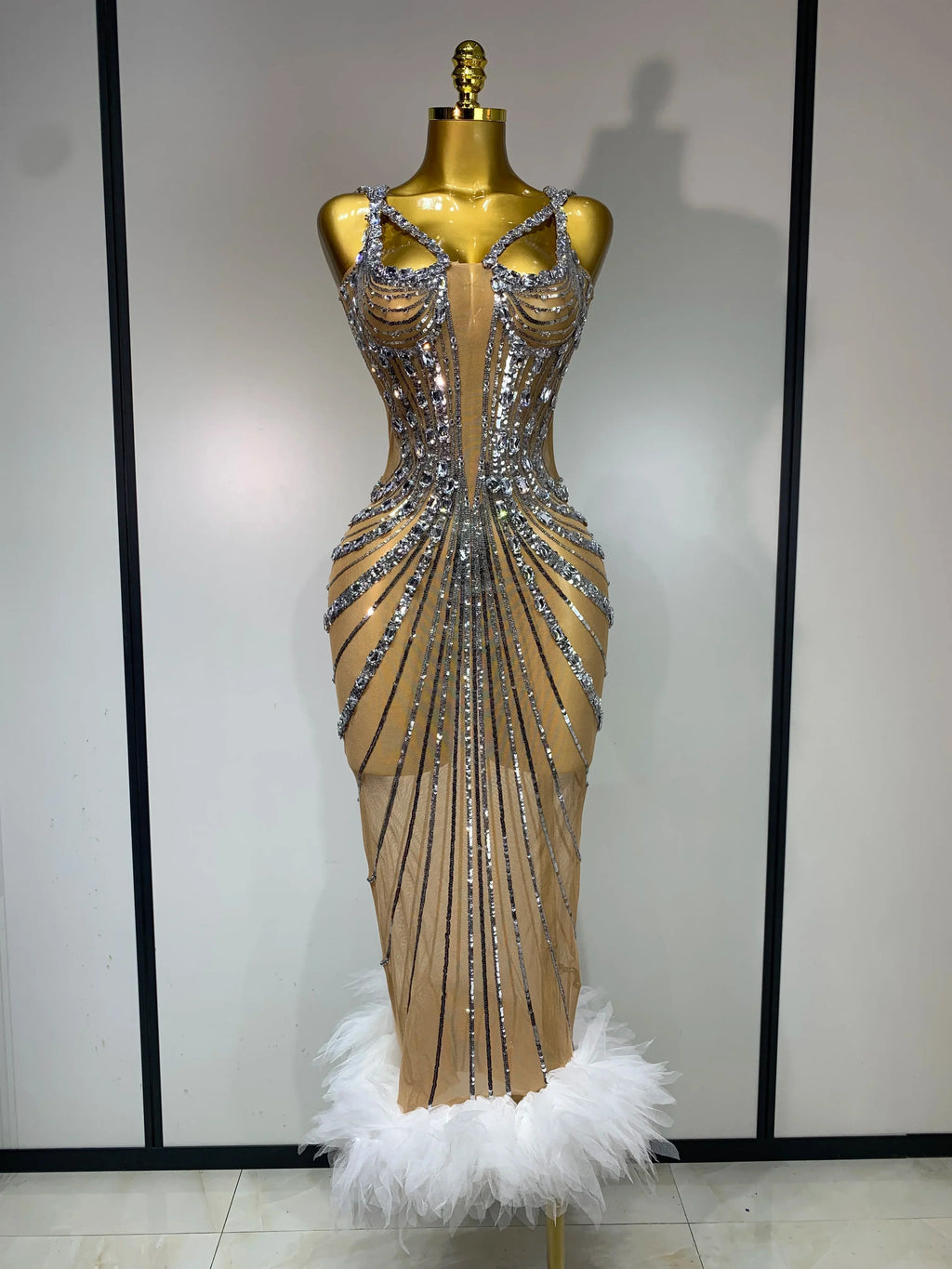 Sexy Silver Rhinestone White Mesh See Through Long Dress Women Luxury Birthday Party Prom Gown Singer Nightclub Stage Outfit Silver