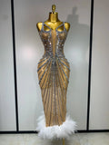 Sexy Silver Rhinestone White Mesh See Through Long Dress Women Luxury Birthday Party Prom Gown Singer Nightclub Stage Outfit Silver
