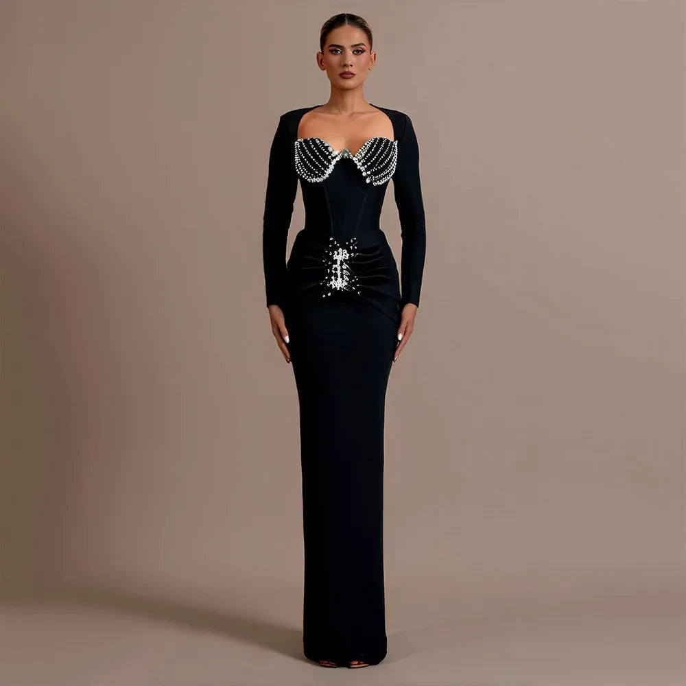 Black Color Women Long Sleeve Square Collar Shinning Crystal Bodycon Bandage Long Dress Celebrate Evening Party Prom Dress black
