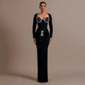 Women Long Sleeve Sqaure Collar Shinning Diamond Bodycon Long Bandage Dress Celebrate Elegant Evening Party Wear black