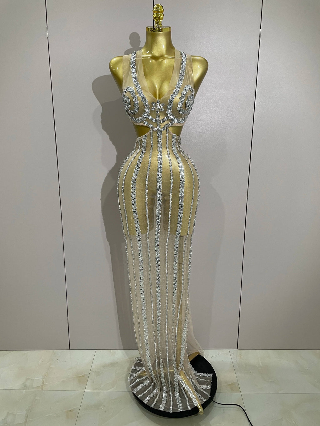 Luxury Sparkly Diamonds Sequins Sexy Mesh See Through Long Dress Women Celebrate Birthday party Dresses Festival Costume Silver