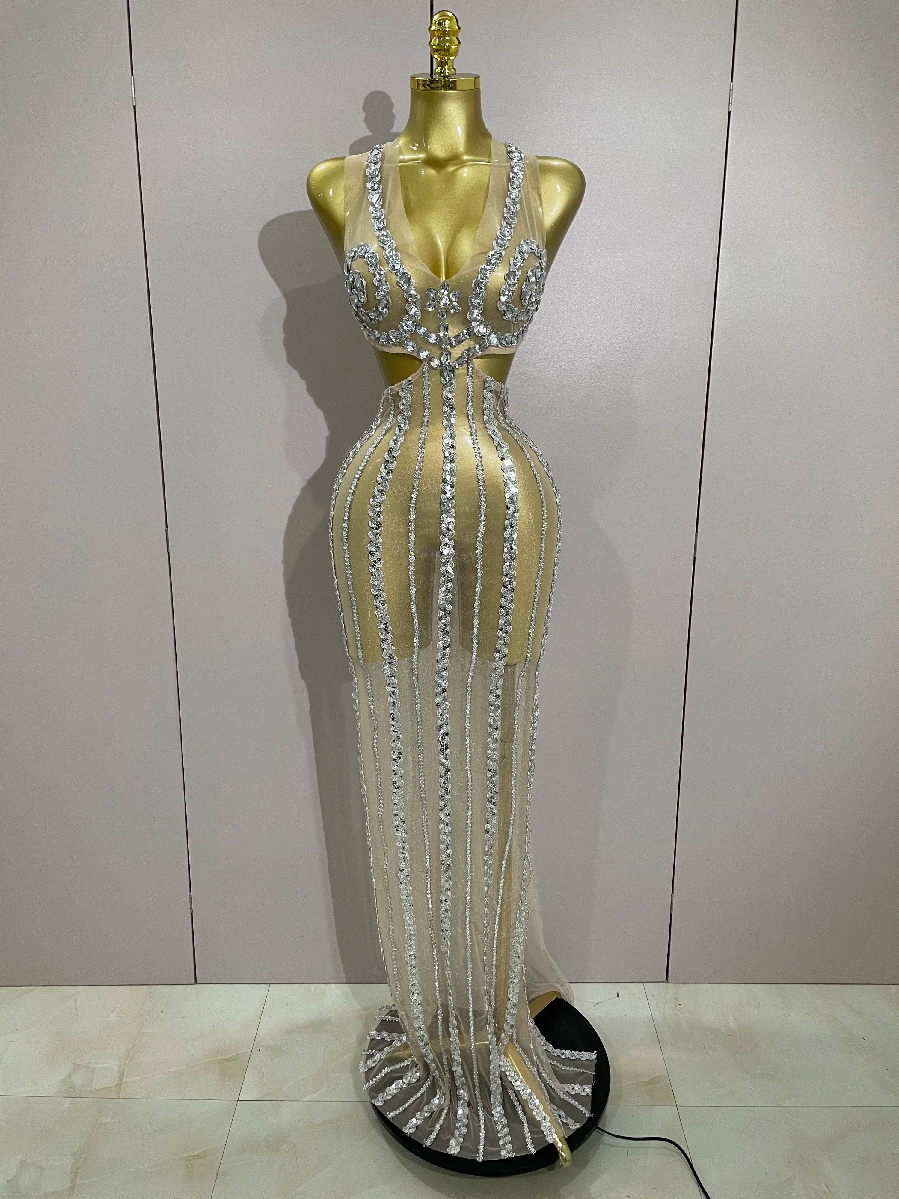 Luxury Sparkly Diamonds Sequins Sexy Mesh See Through Long Dress Women Celebrate Birthday party Dresses Festival Costume Silver
