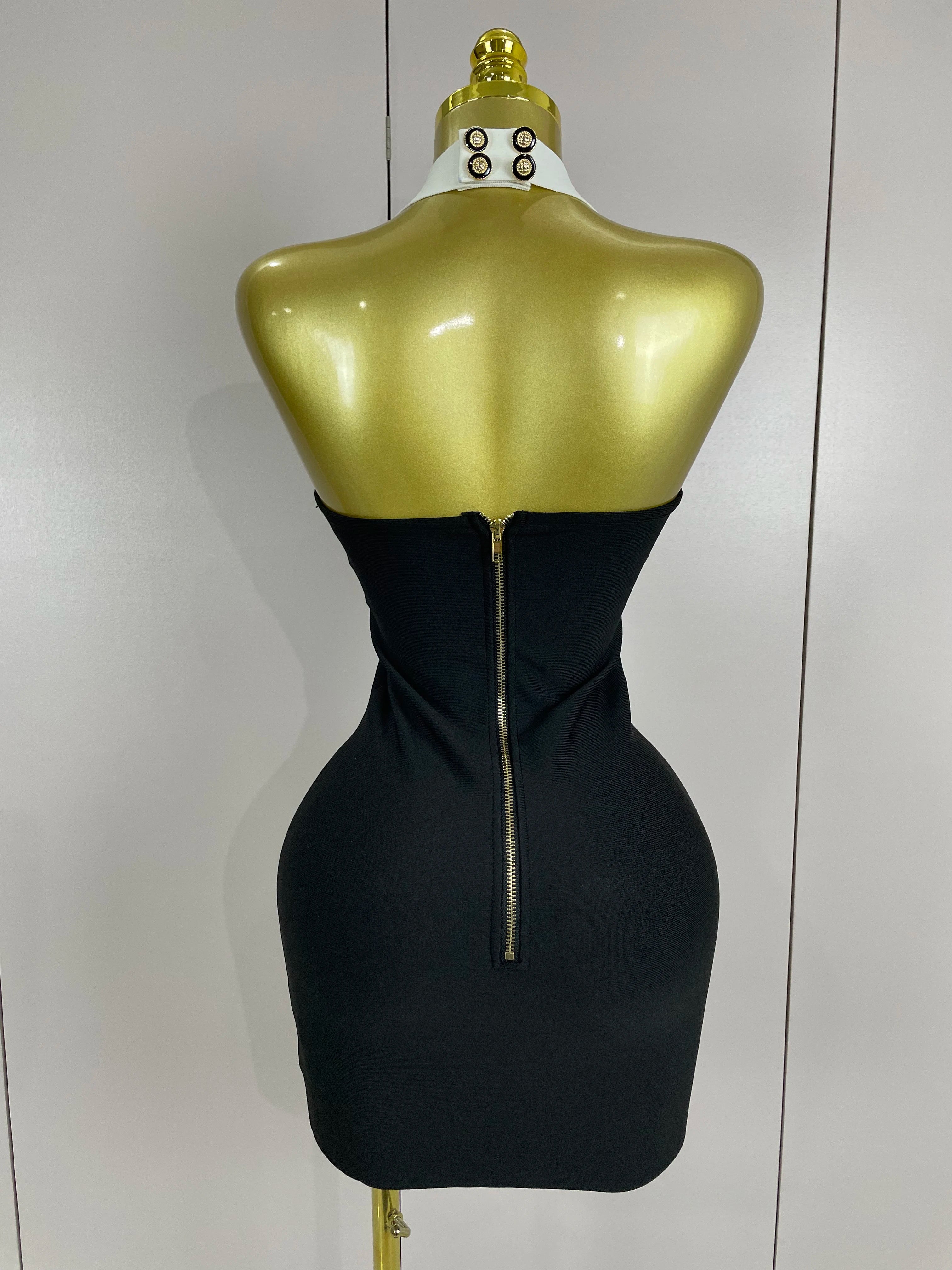 Sexy Backless Halter Button Bodycon Black Mini Bandage Dress  Women Celebrity Elegant Evening Club Party Outfit