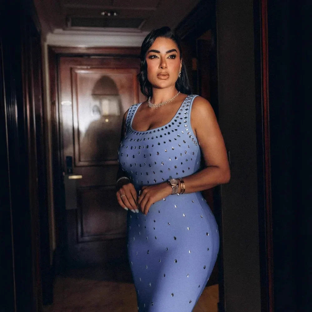 Women Sleeveless Sexy O-Neck Shinning Crystal Bodycon Bandage Long Dress Evening Party Celebrate Cocktail Outfit