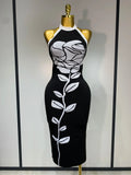 Women Fashion Celebrity Sexy Backless Rose Flower Midi Black Jacquard Bandage Dress Elegant Evening Club Party Dresses black