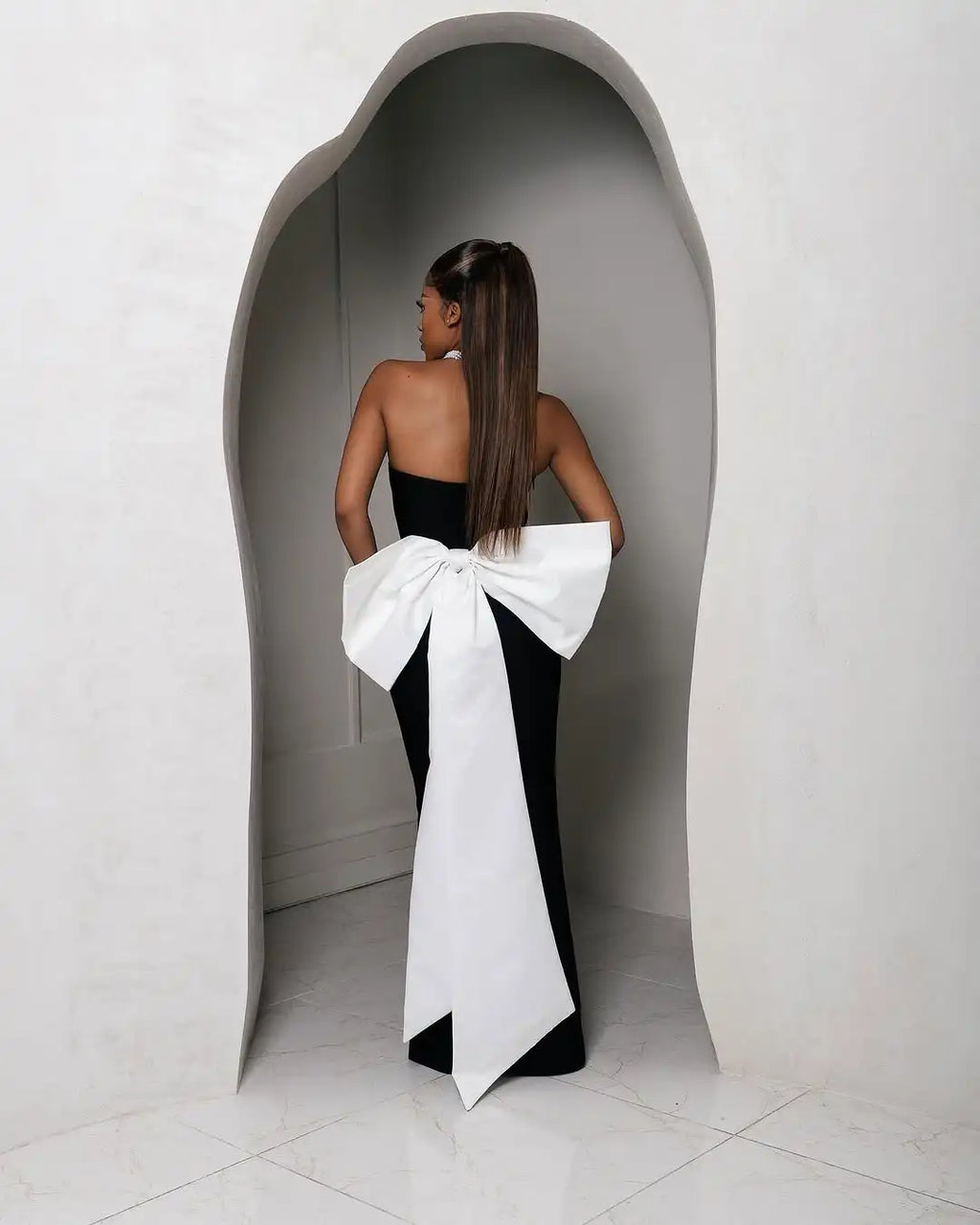Women Sexy Strapless Big White Bow Bodycon Long Bandage Dress Nightclub Party Celebrate Cocktail Outfit Vestido