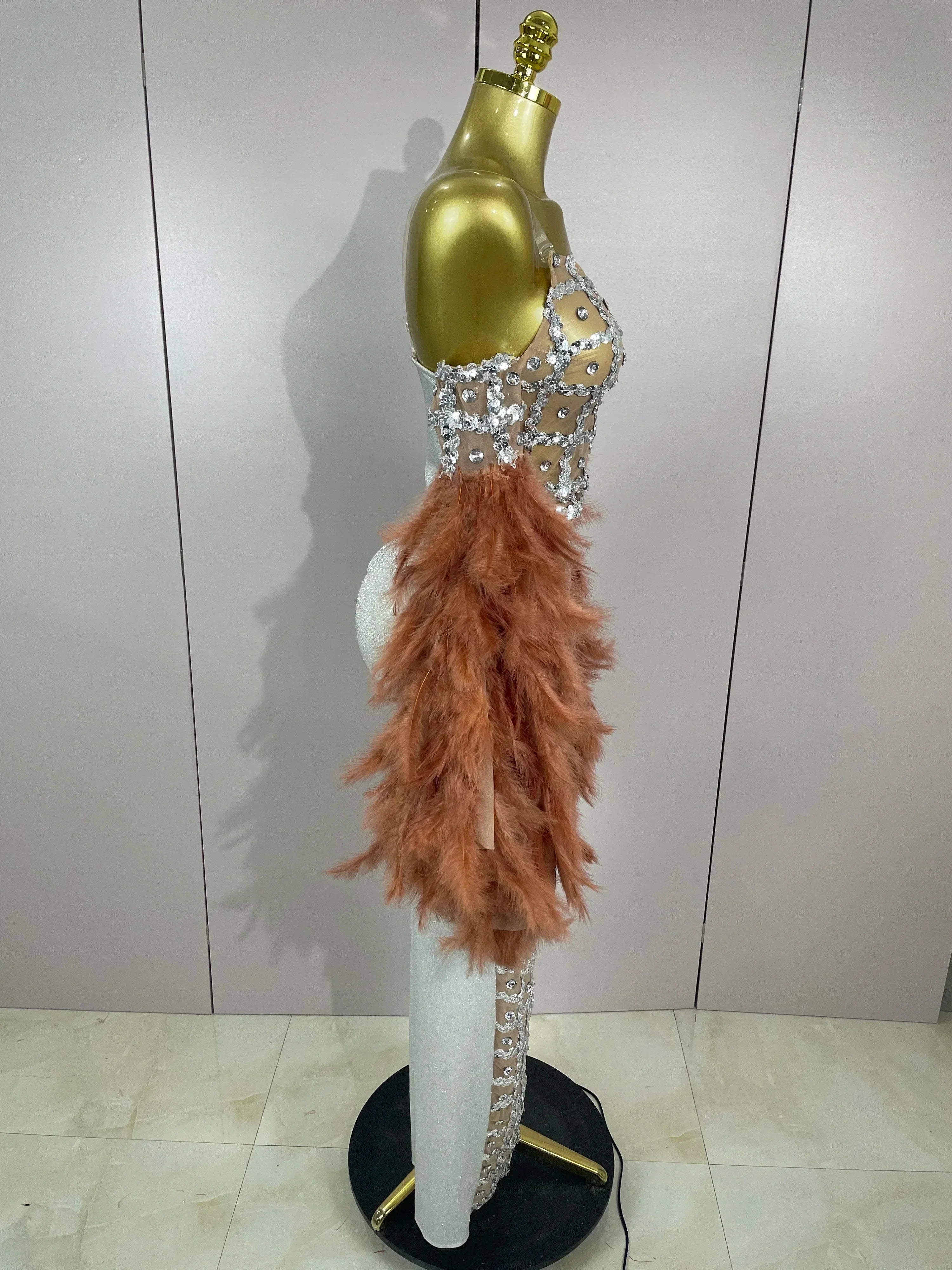 Luxury Sparkling Diamond Feather Mesh Tight Sexy Mesh Long Dress  Women Birthday Party Nightclub Stage Performance Costume
