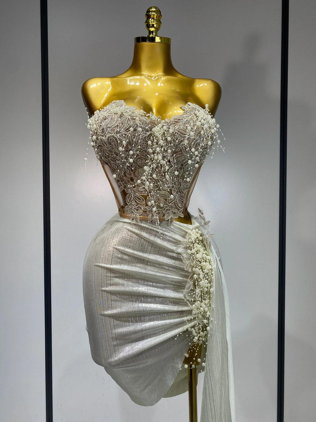 Elegant Sexy Pear Mesh See Through Two Piece Set Women Luxury Birthday Party Prom Gown Singer Nightclub Hotwife Stage Outfit Beige