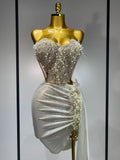 Elegant Sexy Pear Mesh See Through Two Piece Set Women Luxury Birthday Party Prom Gown Singer Nightclub Hotwife Stage Outfit Beige