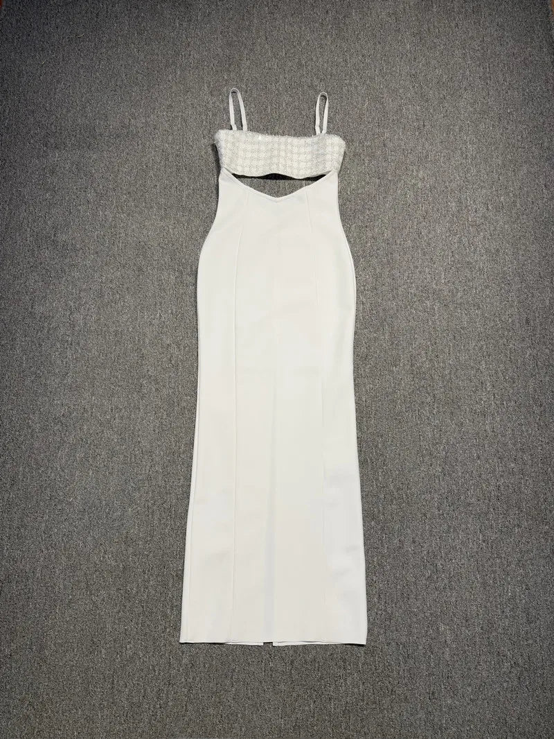 Women Sleeveless Sexy Strap Square Collar Bodycon Long Bandage Dress Celebrate Evening Party Nightclub Outfit