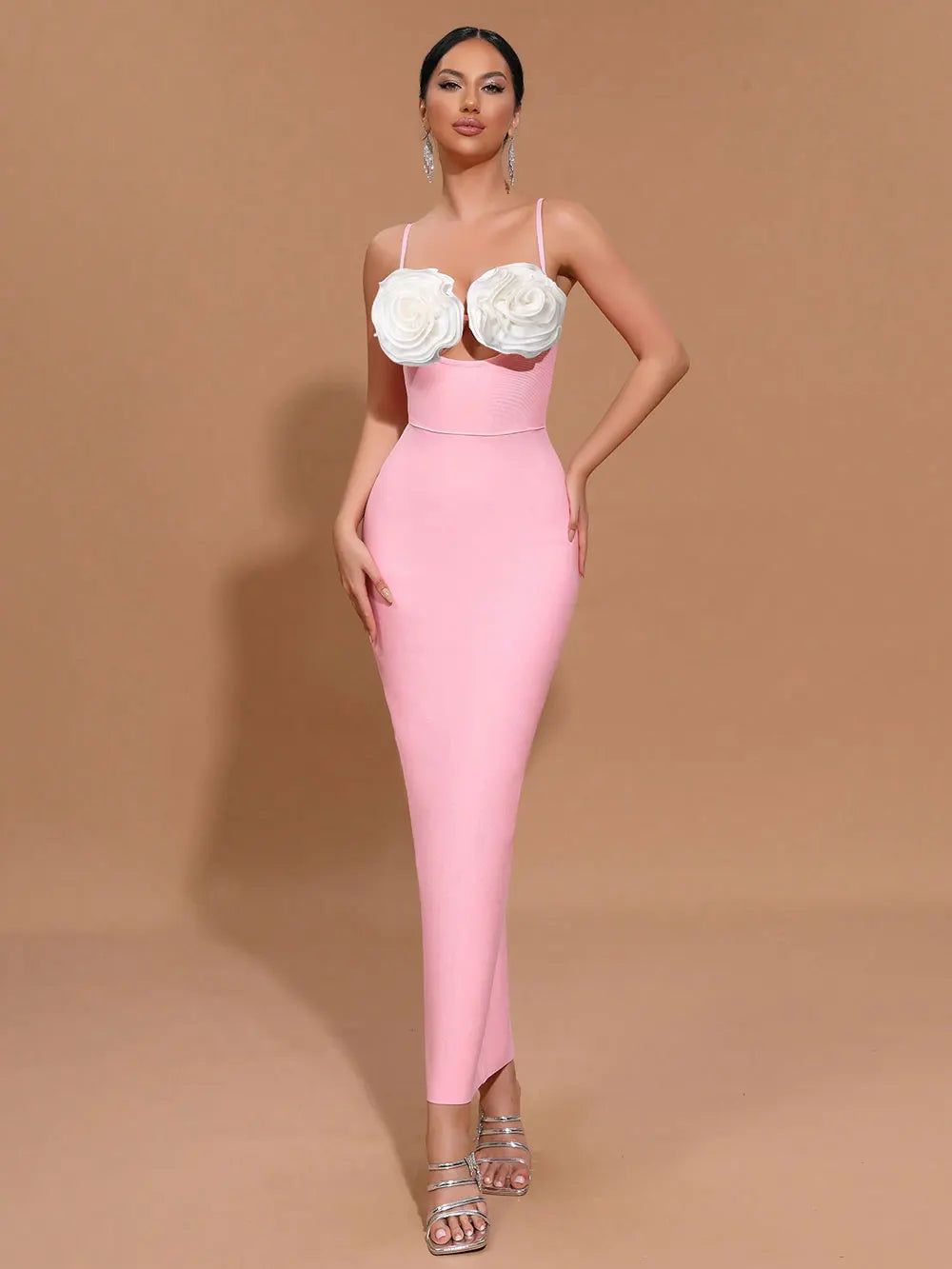 2024 Sexy Women'S Light Luxury Flower Design Bandage Dress Spaghetti Strap Sleeveless Bodycon Backless Long Dresses Vestidos