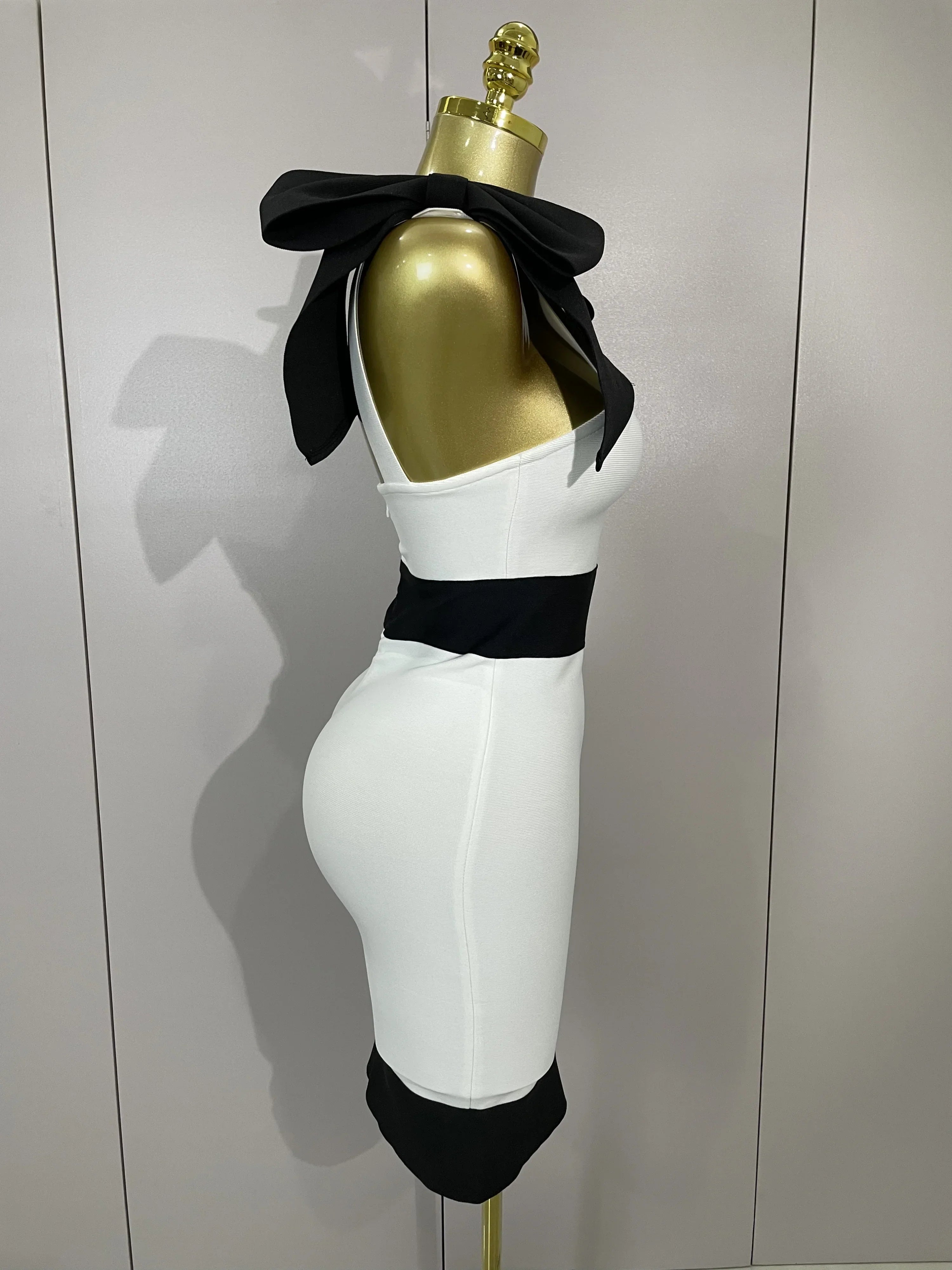 Sexy Bow Tie Black White Patchwork Bodycon Bandage Dress  Women Celebrity Elegant Evening Club Party Birthday Dresses