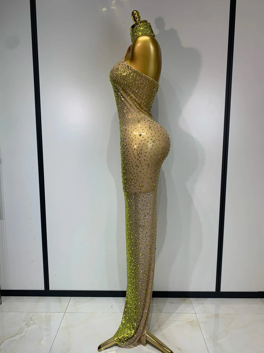 Women Luxury Birthday Celebrate Dress Dancer Party Show Stage Outfit  Sparkly Rhinestone Elastic Mesh See Through Long Dress