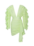New Yellow Green Women Butterfly Sleeve Sexy Deep V-Neck Bodycon Mini Dress Fashion Nightclub Party Dress Light Green