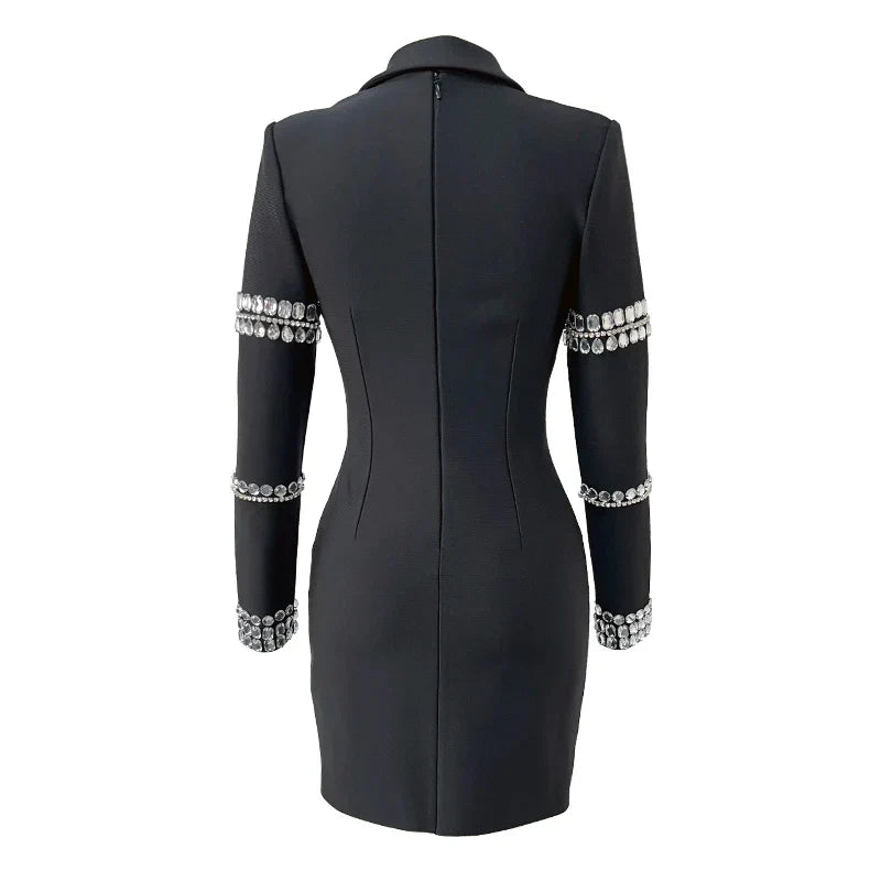 Fashion Black Color Women Long Sleeve Sexy V-Neck Bodycon Mini Bandage Dress Crystal Fashion Nightclub Party Outfit