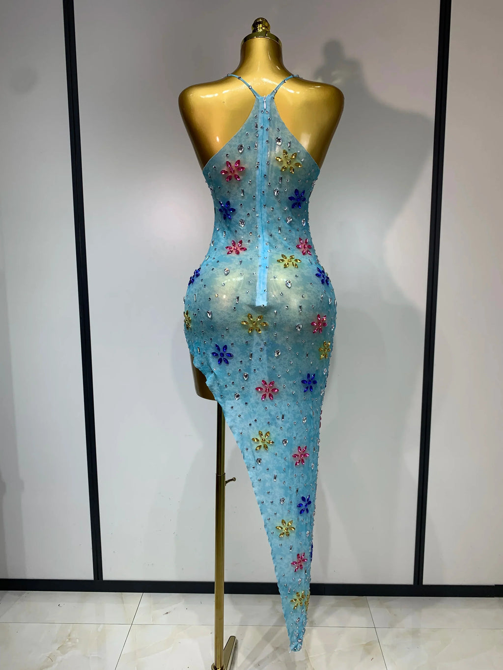 Newest Sexy Mesh High Split Sparkly Diamonds See Through Dress Luxury Birthday Dress Women Celebrate Party Stage Outfit