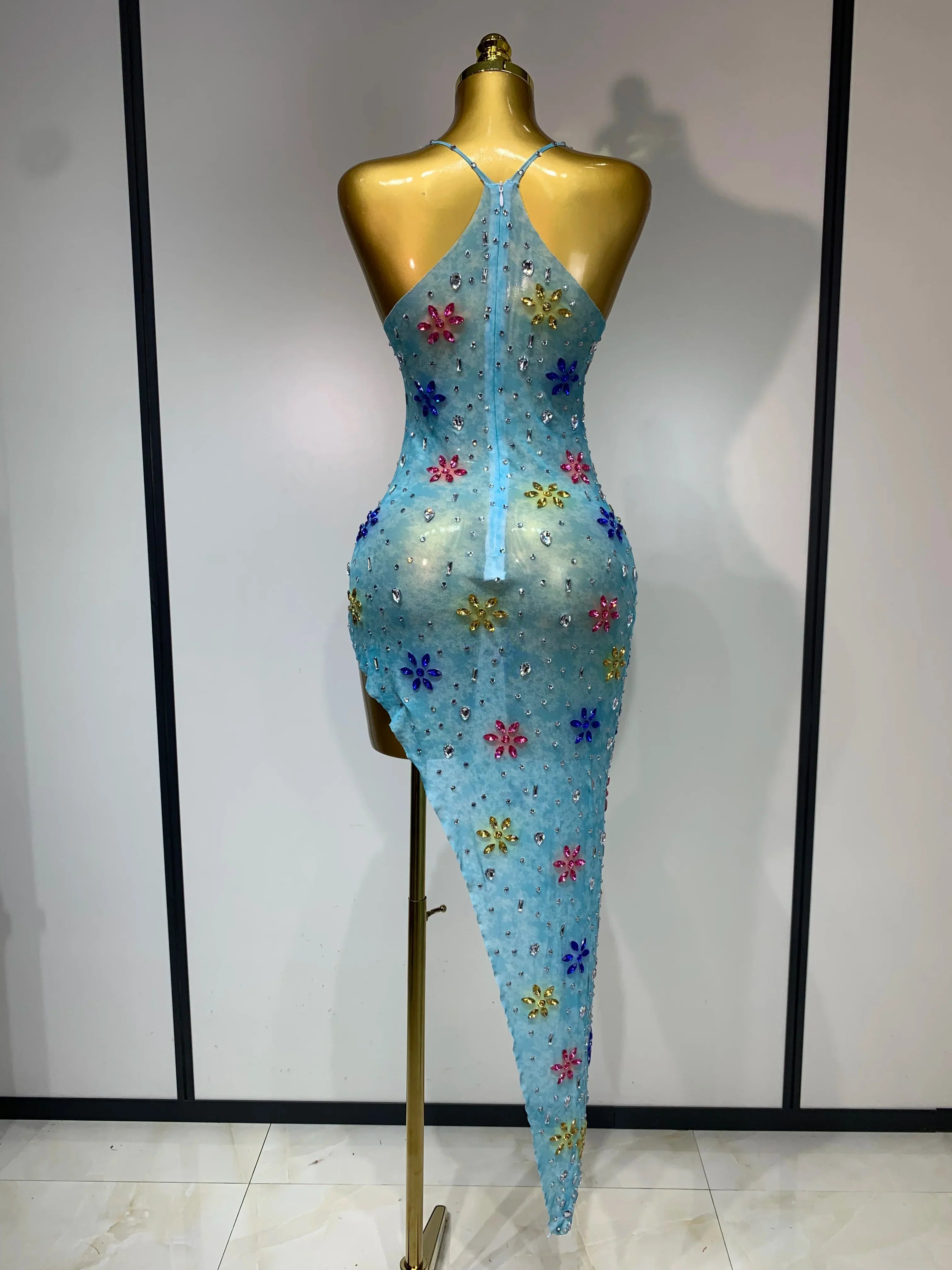 Newest Sexy Mesh High Split Sparkly Diamonds See Through Dress Luxury Birthday Dress Women Celebrate Party Stage Outfit