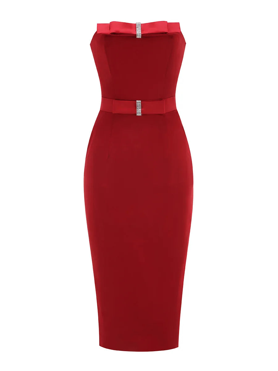 Women Sexy Strapless Bow Bodycon Mid-calf Dress Celebrate Birthday Party Date Cocktail Outfit High Quality