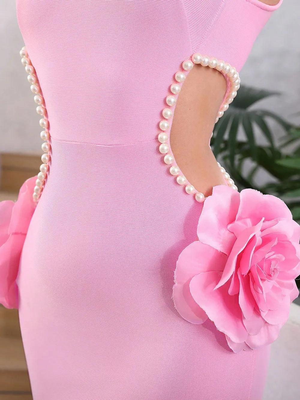 2024 Sexy Women'S Waist Exposed Pearl Flower Design Bandage Dress O-Neck Sleeveless Bodycon Long Dress Christmas Party Vestidos