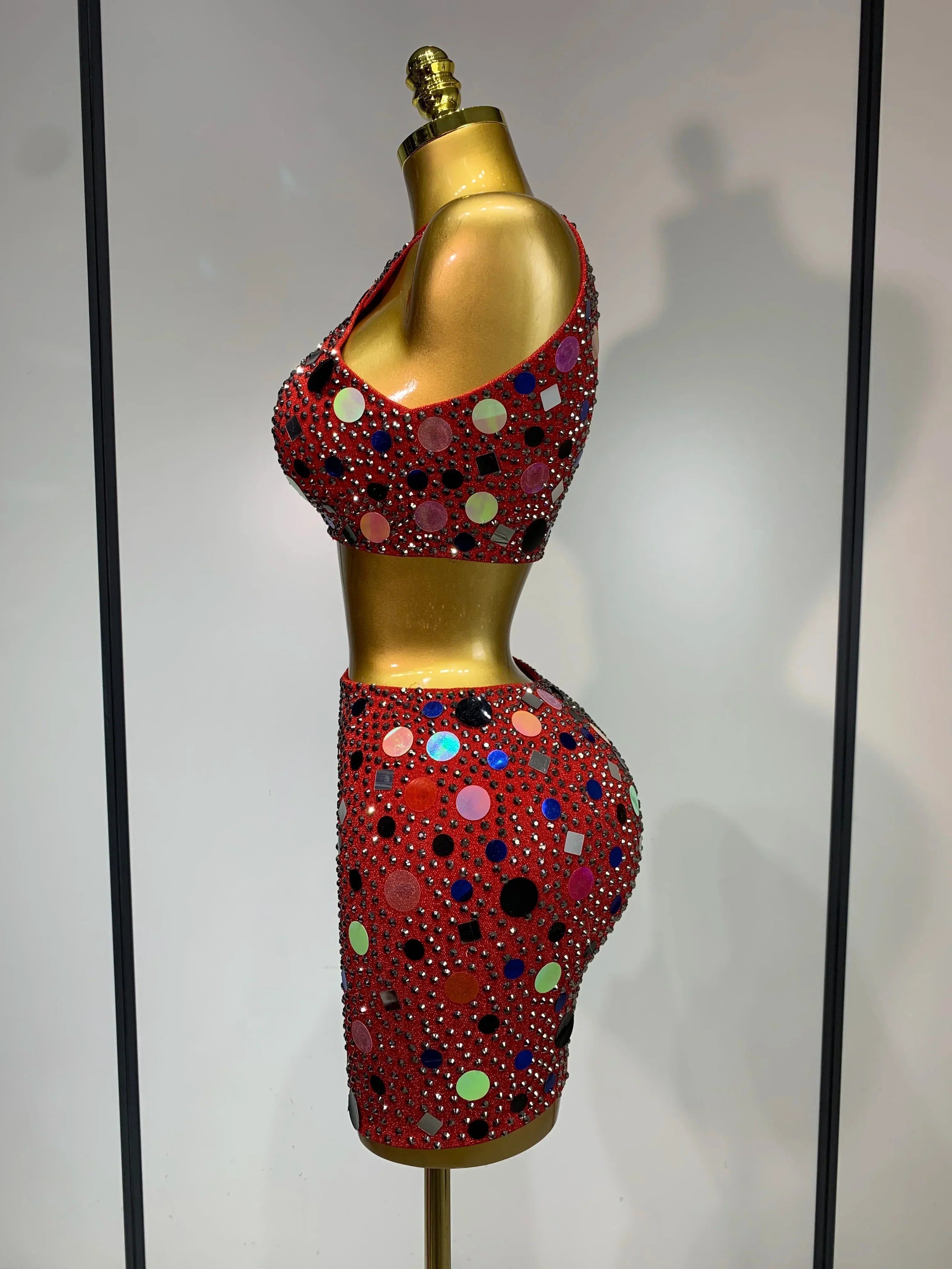 Luxury Rhinestone Sequin Sexy Two Piece Set  Fashion Nightclub Sparkly Perform Stage Costume Birthday Dress