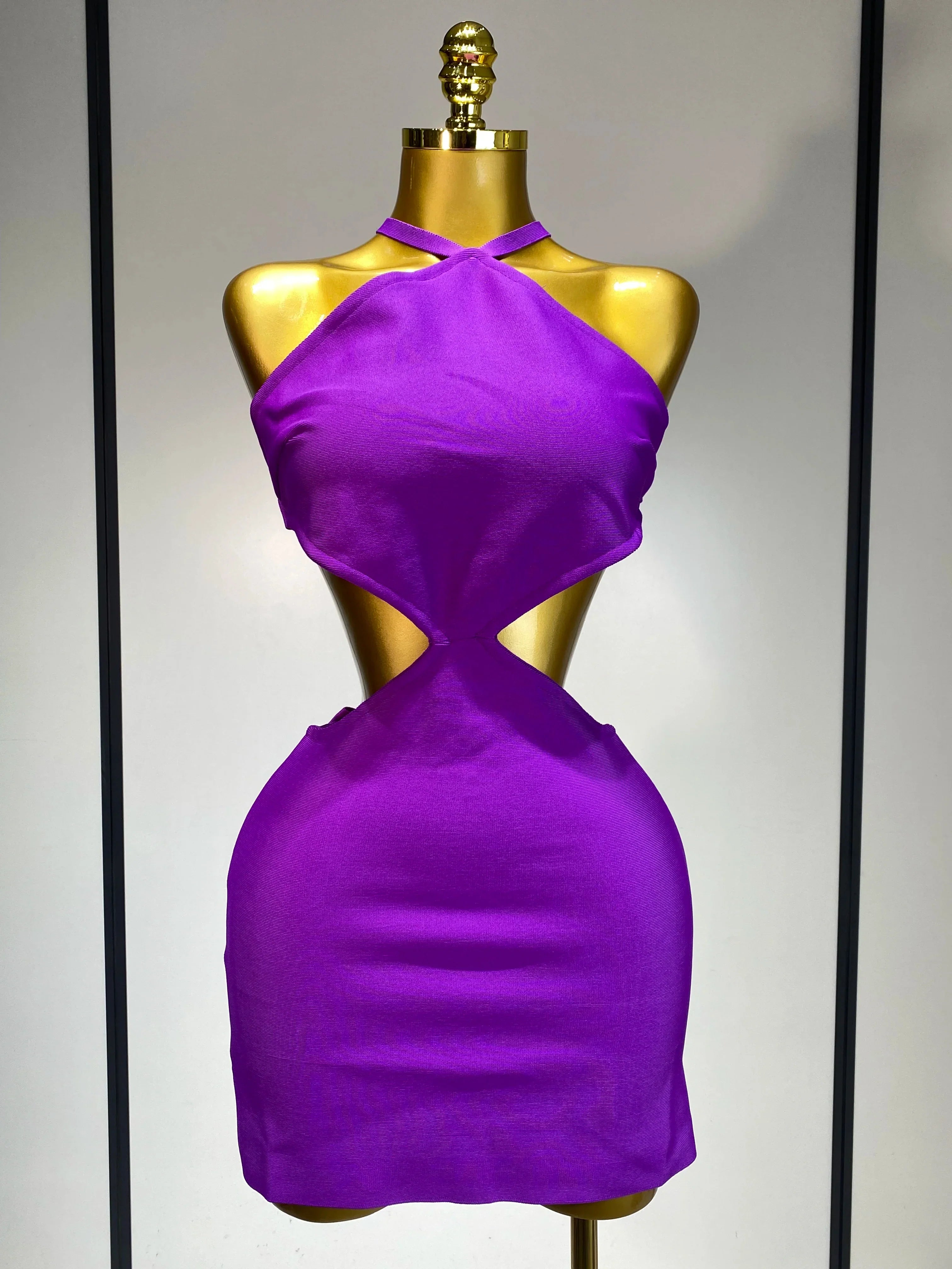 Women Luxury Sexy Backless Cut Out Bow Tie Mini Bodycon Bandage Dress Celebirty Elegant Evening Party Birthday Dresses PURPLE