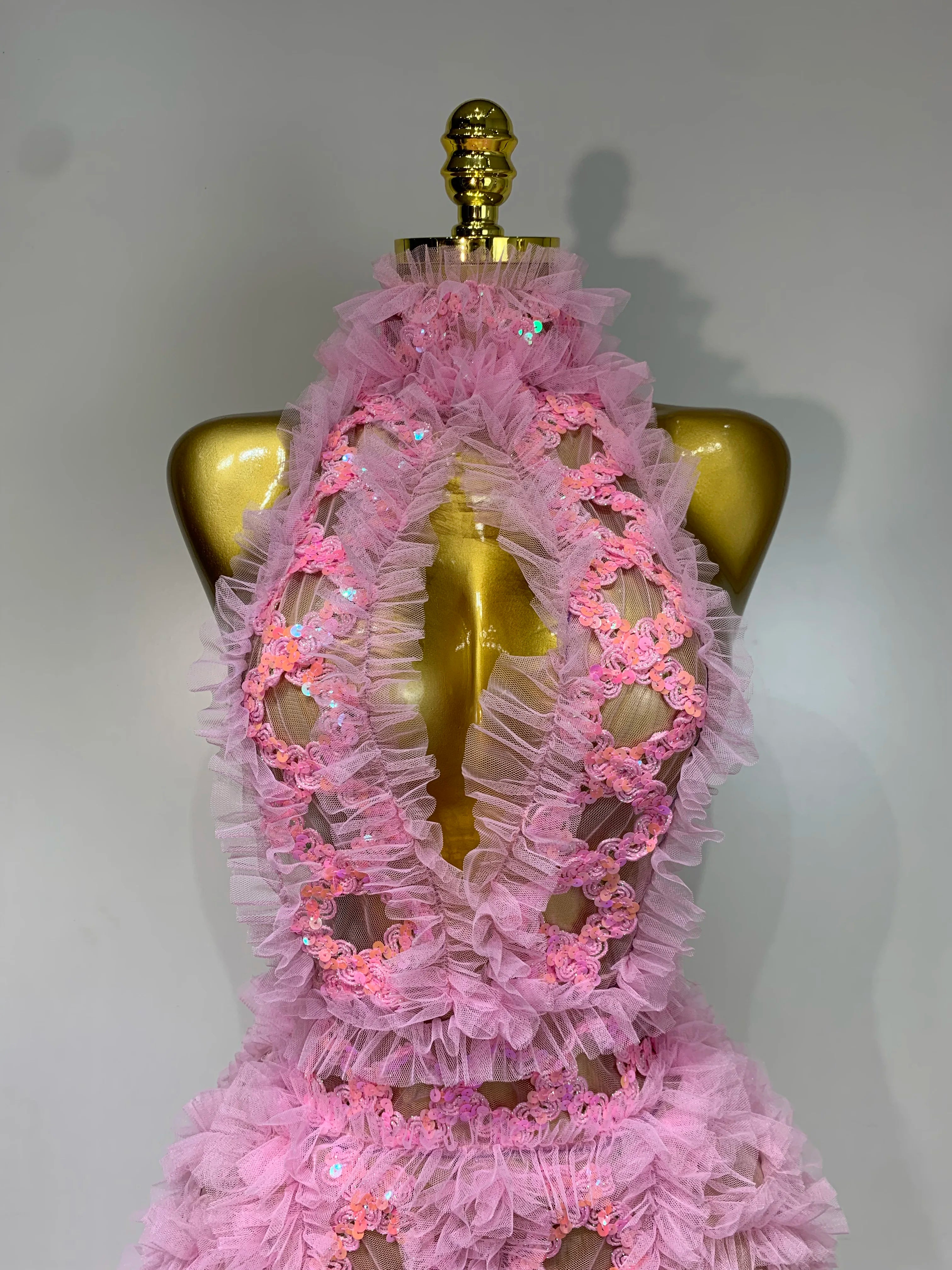 Mesh Sequins Sexy Backless Halter See Through Dress  Birthday Evening Party Prom Nightclub Singer Stage Performance Costume