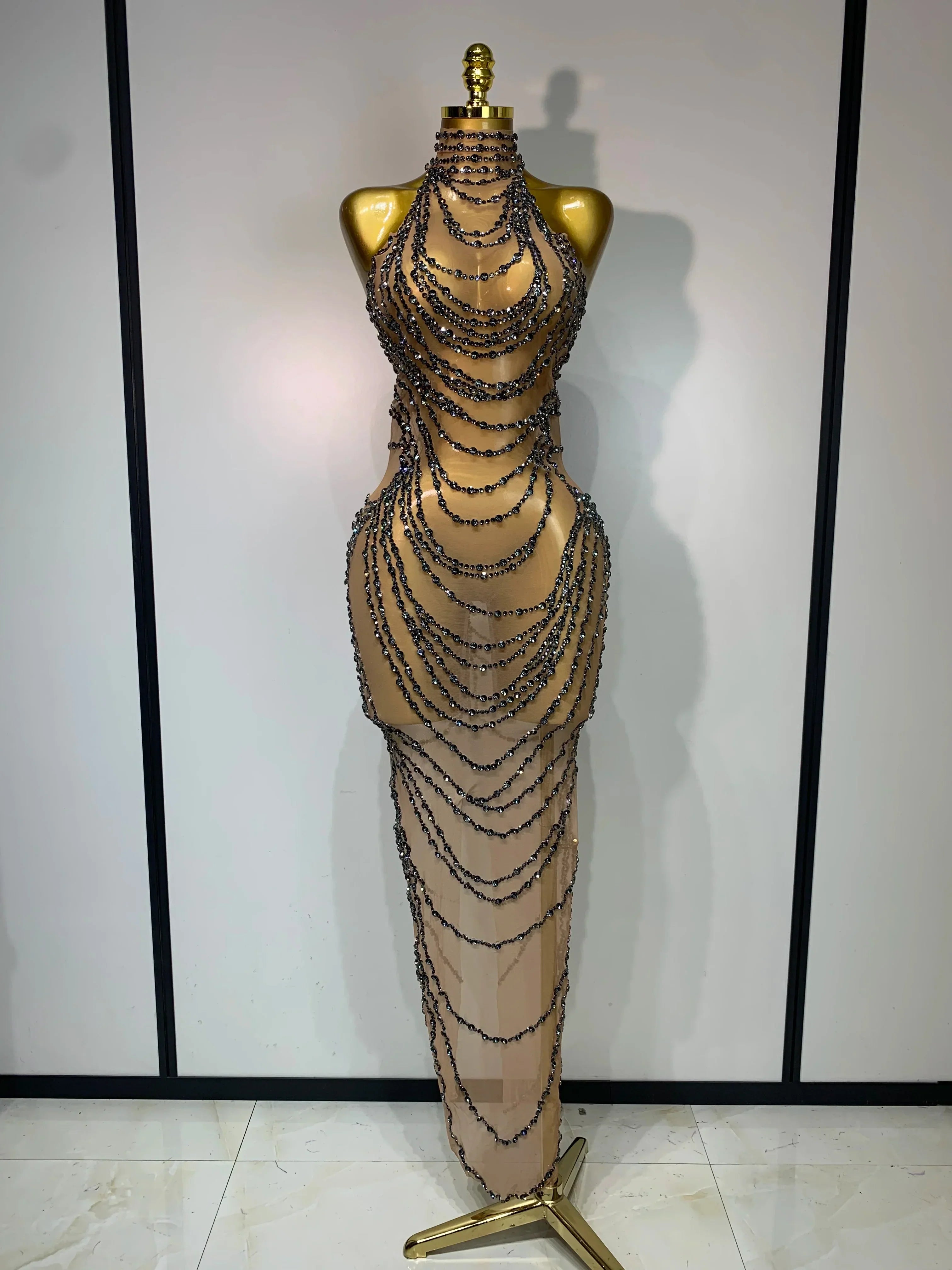 Sparkly Rhinestone Sexy Transparent Mesh Long Dress Women Luxury Birthday Club Party Gown Stage Singer Performance Costume Dark Grey