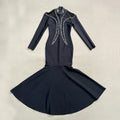 Newest Fashion Designer Party Vestido Women'S Diamonds Mesh Long Sleeves Bodycon Mermaid Long Maxi Dress black