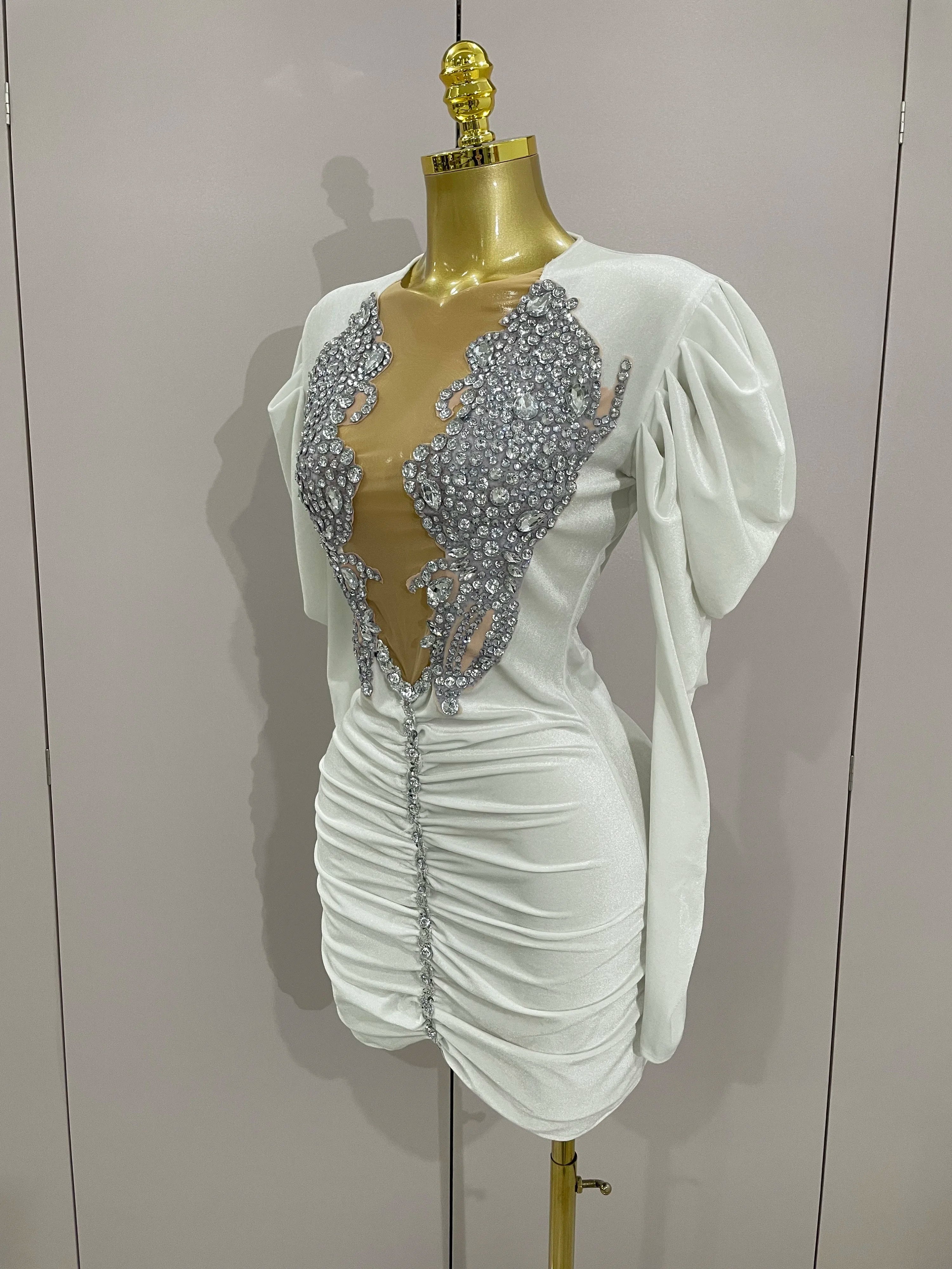 Luxury Sparkly Crystals Sexy Mesh White Velvet Short Dress  Women Elegant Evening Prom Birthday Party Dresses Stage Costume