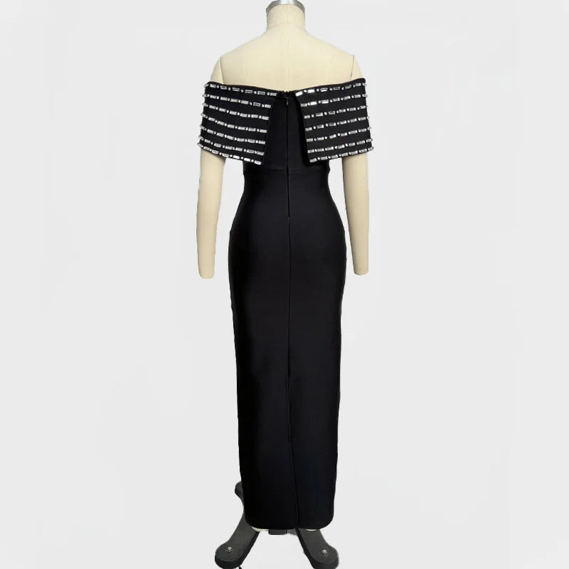 New Black Women Sexy Slash Meck Off the Shoulder Shinning Crystal Bodycon Long Bandage Dress Elegant Evening Party Dress