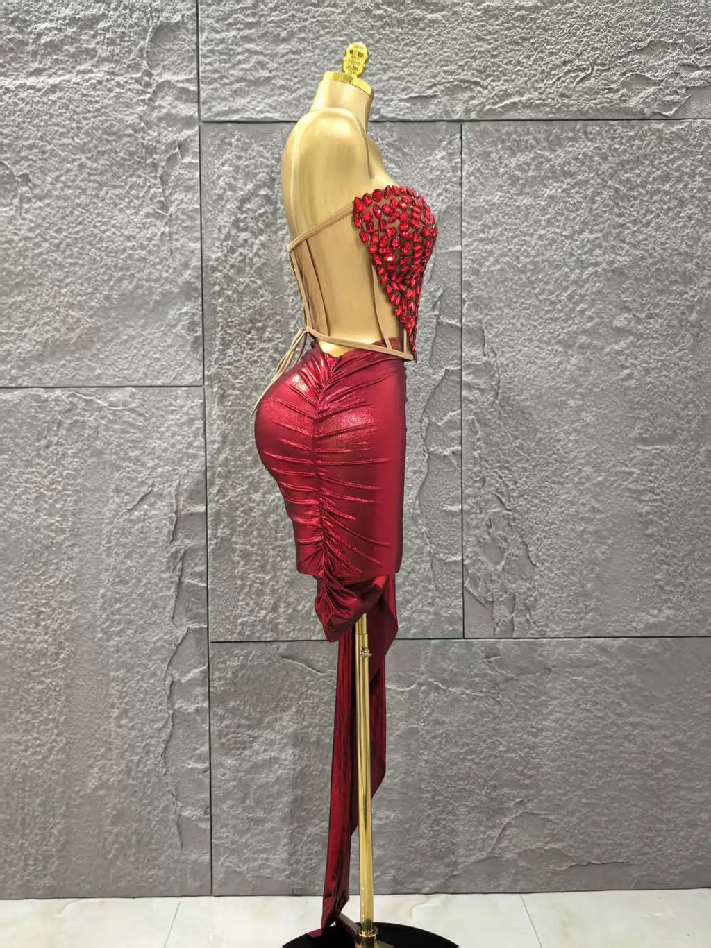 Shinning Red Crystal Women Sexy Strapless 2 Pieces Bodycon Mini Dress Nightclub Party Celebrate Birthday Photo Shoot Wear