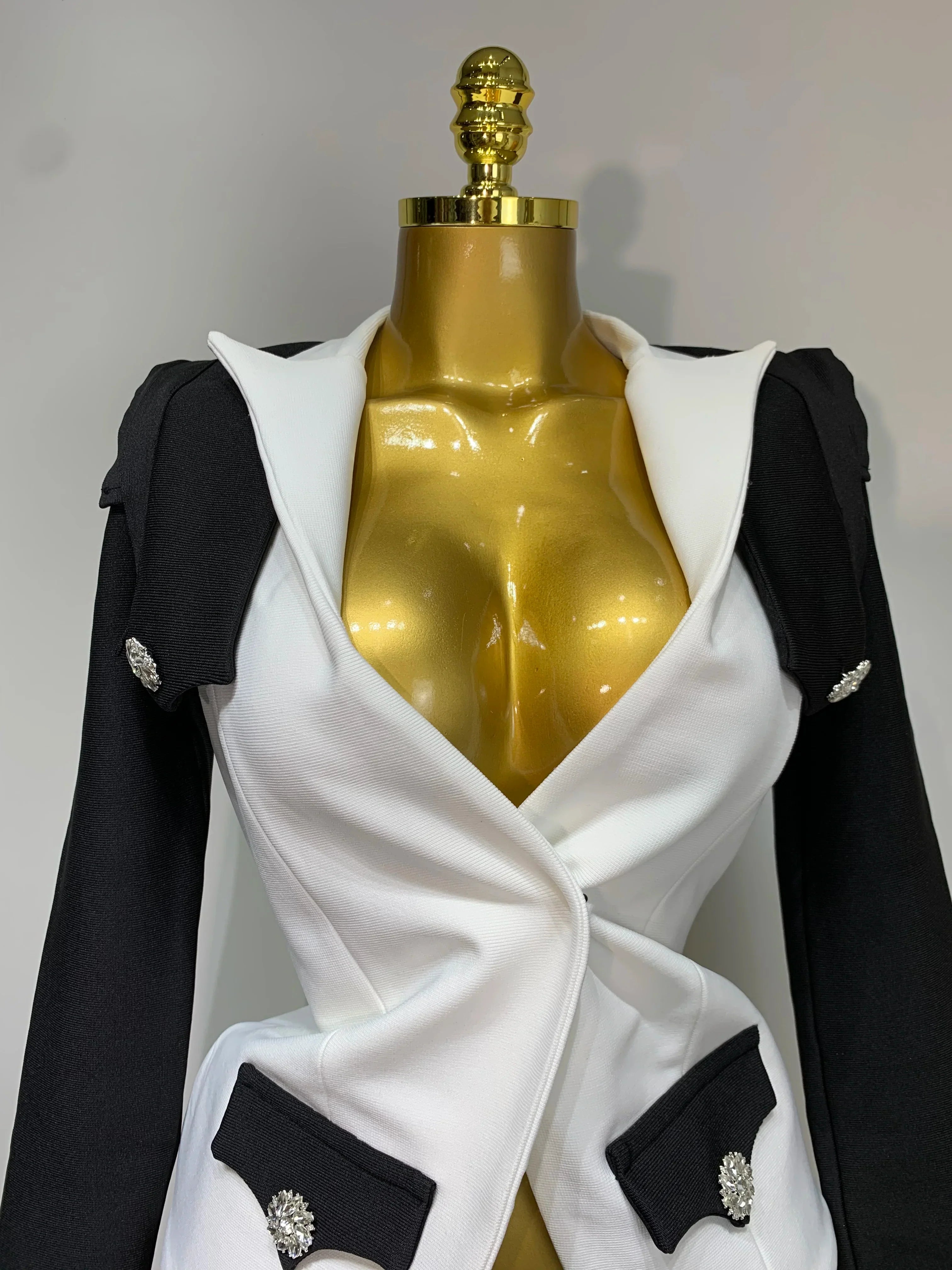 Fashion Black White Bandage Jacket Two Piece Set Women Slim Fit Diamond Button Suit Jackets Coat