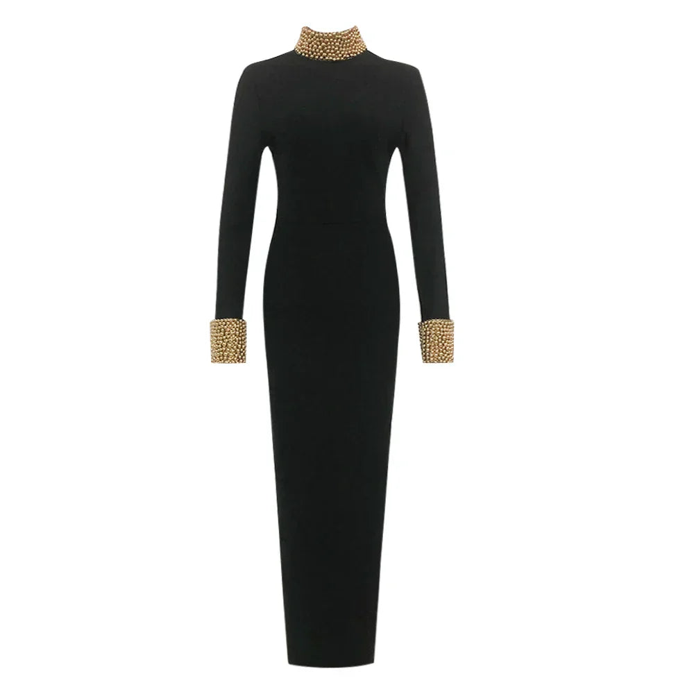Black Color Women Long Sleeve Sexy Backless Golden Beading Bodycon Bandage Long Dress Fashion Celebrate Evening Party Dress black